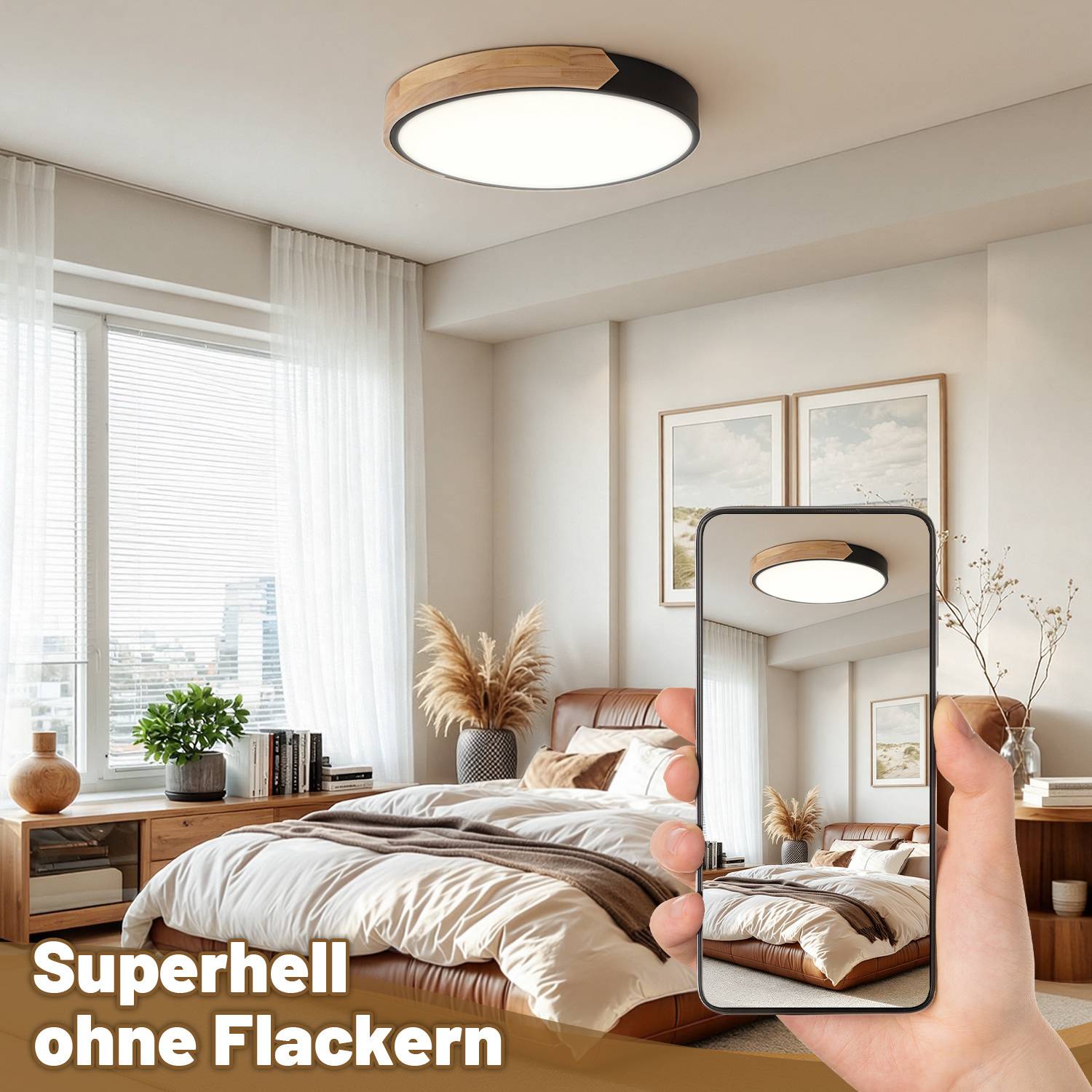 LED Deckenleuchte Holz 30cm, 48W Dimmbar Deckenlampe mit Fernbedienung, Rund Wohnzimmerlampe Schwarz, 3000-6000K