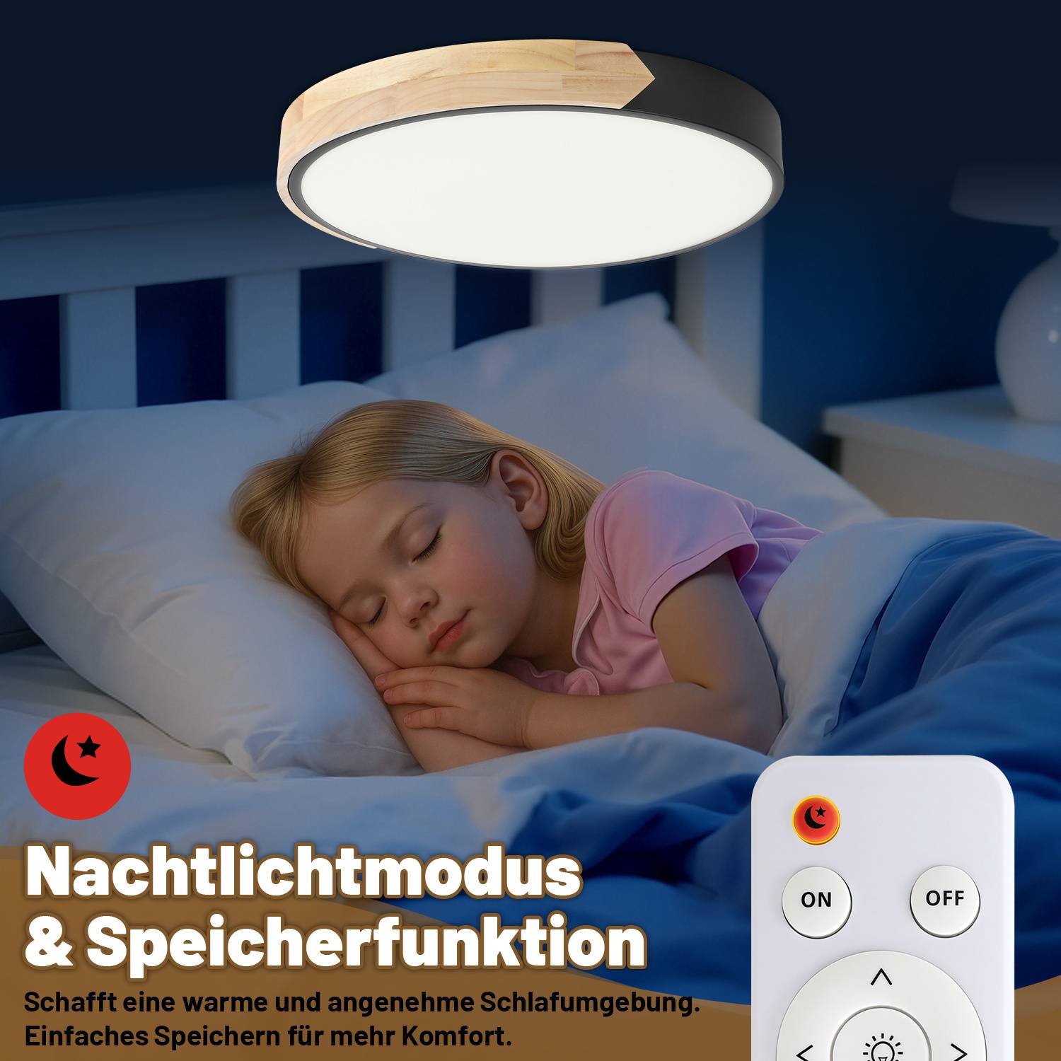 LED Deckenleuchte Holz 30cm, 48W Dimmbar Deckenlampe mit Fernbedienung, Rund Wohnzimmerlampe Schwarz, 3000-6000K