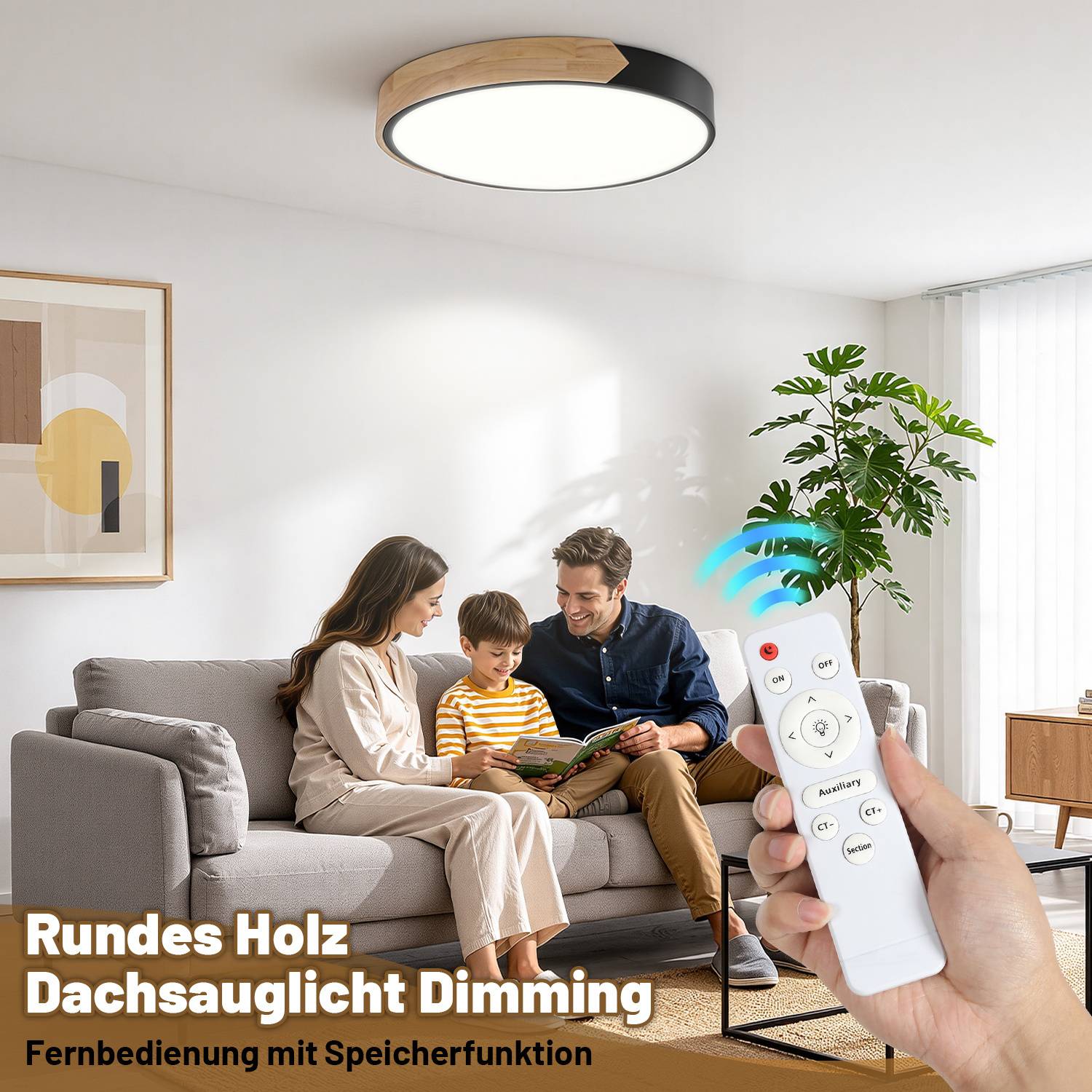 LED Deckenleuchte Holz 30cm, 48W Dimmbar Deckenlampe mit Fernbedienung, Rund Wohnzimmerlampe Schwarz, 3000-6000K