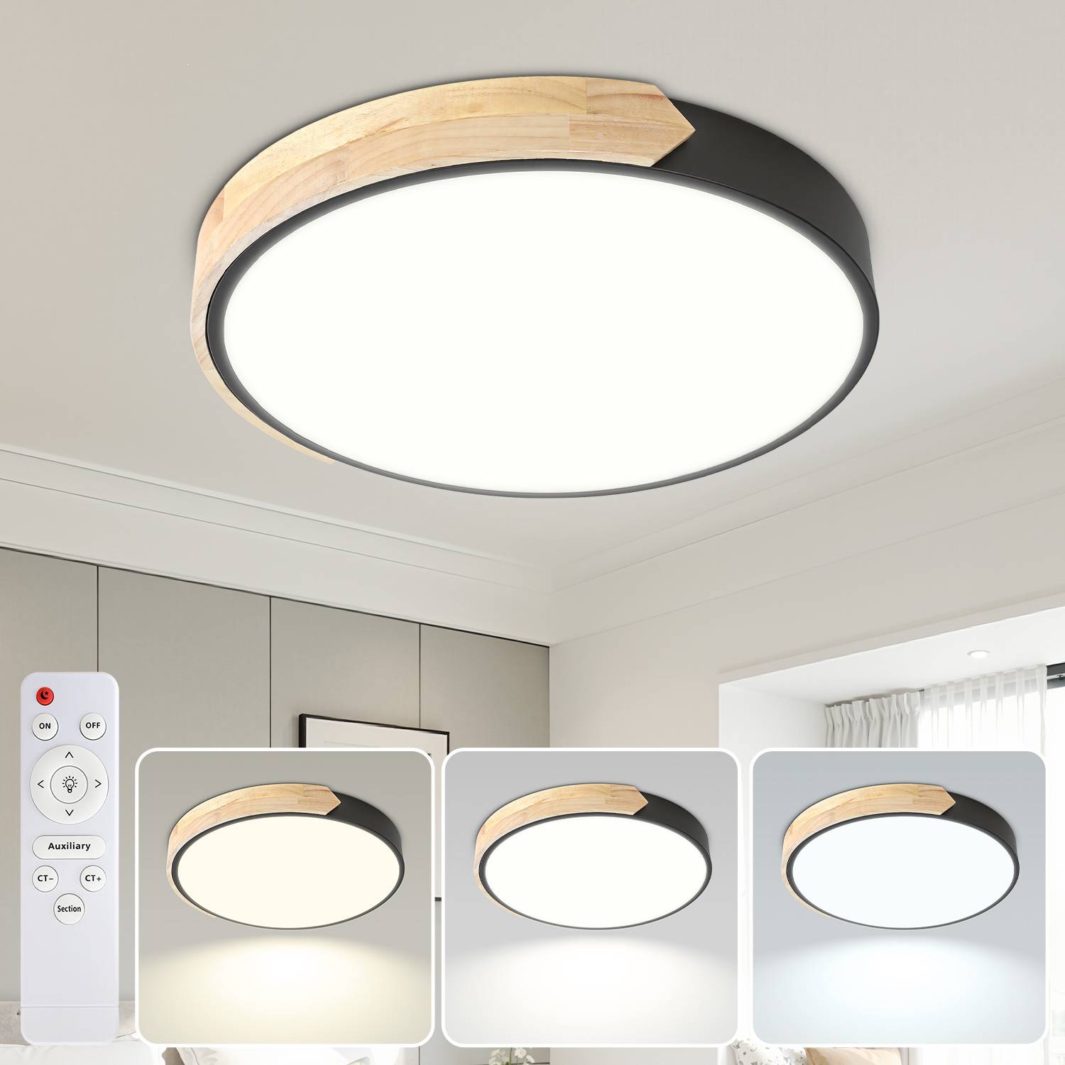 LED Deckenleuchte Holz 40cm, 60W Dimmbar Deckenlampe mit Fernbedienung, Rund Wohnzimmerlampe Schwarz, 3000-6000K