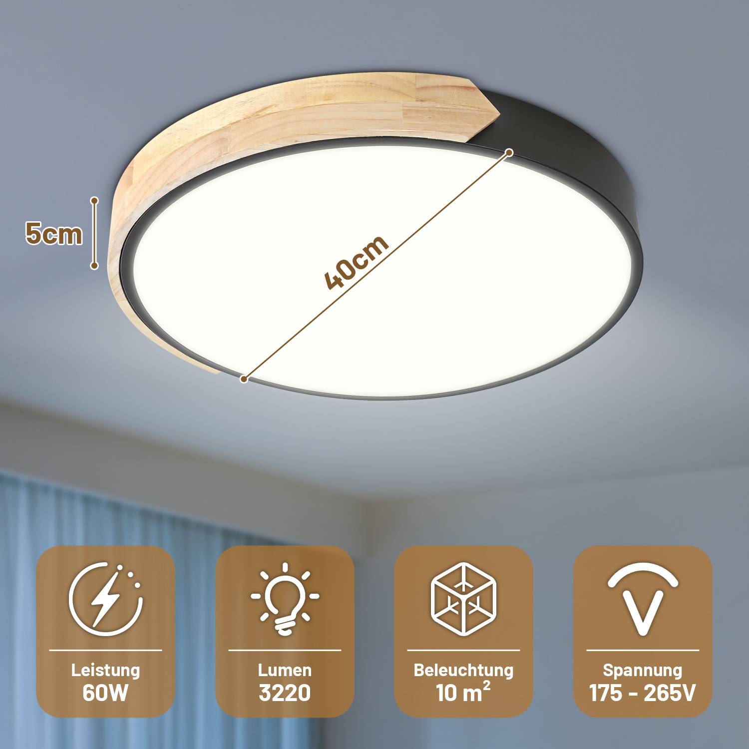 LED Deckenleuchte Holz 40cm, 60W Dimmbar Deckenlampe mit Fernbedienung, Rund Wohnzimmerlampe Schwarz, 3000-6000K