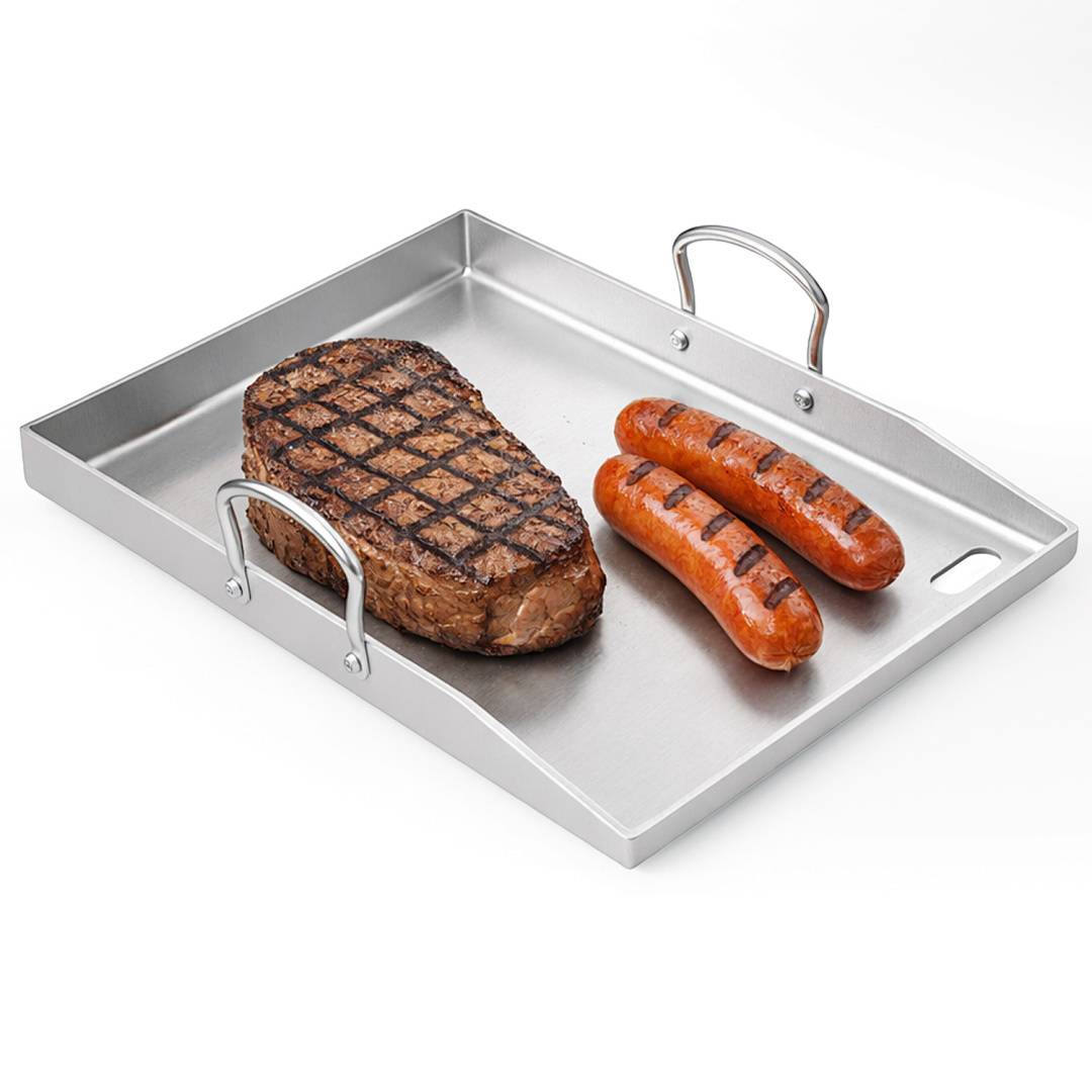 Edelstahl Grillplatte set Plancha für Gasgrill und Holzkohlegrill mit Griff 42x31 cm BBQ Grillpfanne Burgerplatte Grillblech