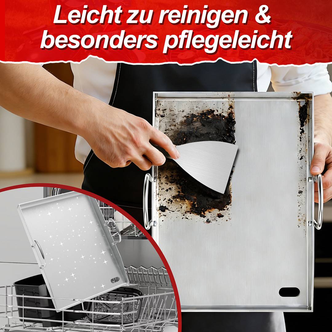 Edelstahl Grillplatte set Plancha für Gasgrill und Holzkohlegrill mit Griff 42x31 cm BBQ Grillpfanne Burgerplatte Grillblech