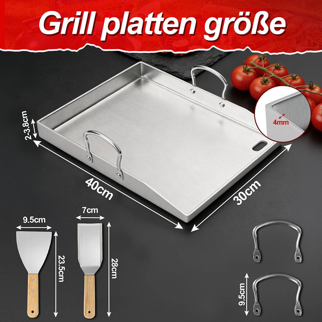 Edelstahl Grillplatte set Plancha für Gasgrill und Holzkohlegrill mit Griff 42x31 cm BBQ Grillpfanne Burgerplatte Grillblech