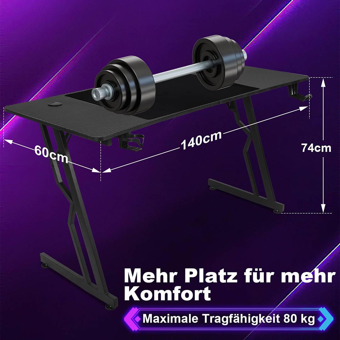140x60cm Gaming Schreibtisch Computertisch mit Desktop LED Gaming Tisch Ergonomisch Ergonomischer Arbeitstisch Z-Form