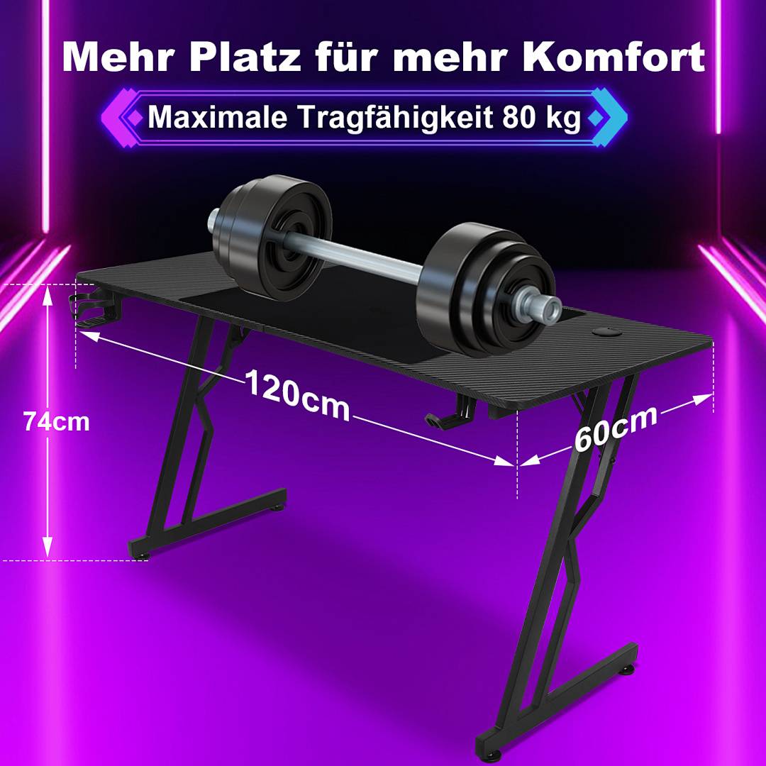 120x60cm Gaming Schreibtisch Computertisch mit Desktop LED Gaming Tisch Ergonomisch Ergonomischer Arbeitstisch Z-Form