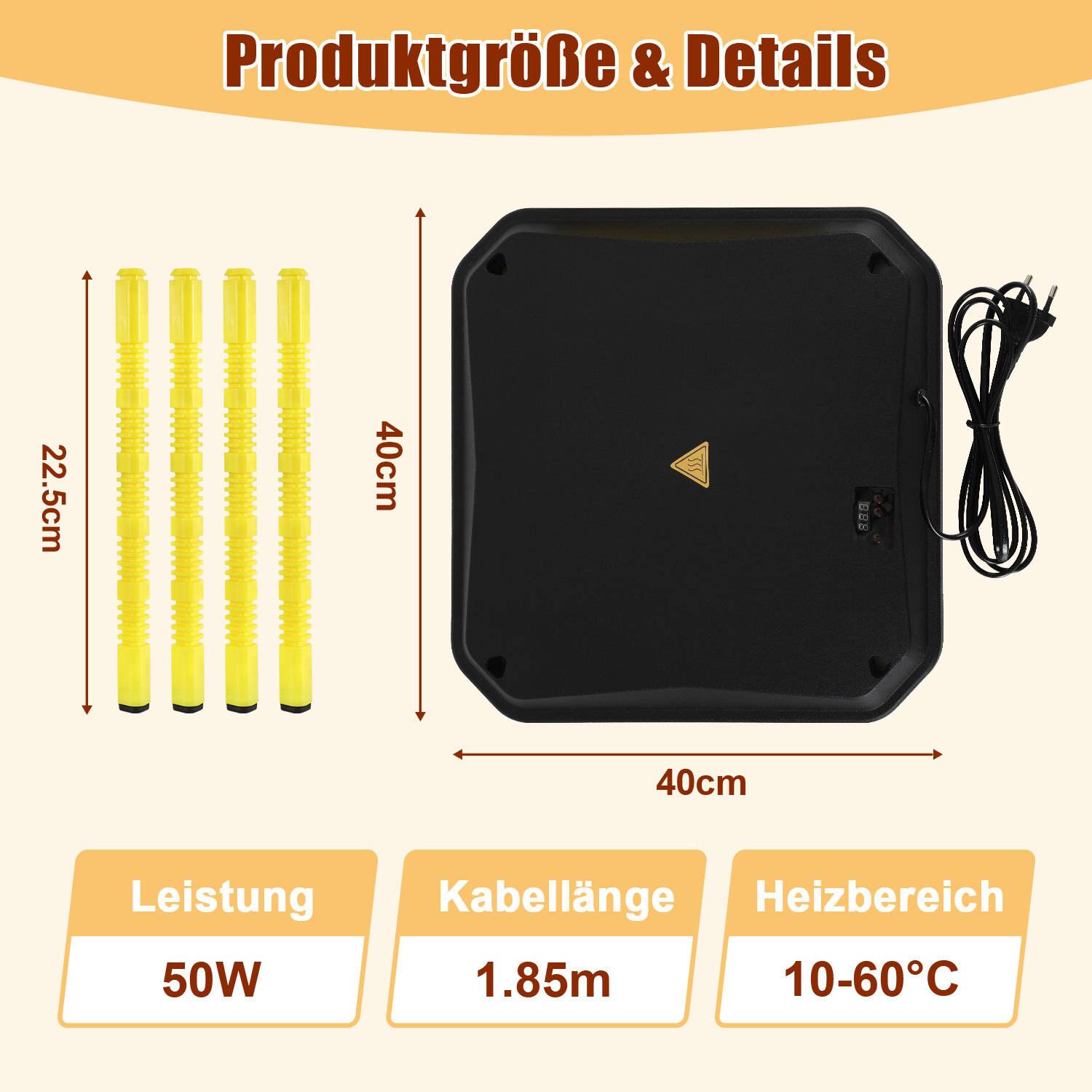 Küken-Wärmeplatte 30x30cm 50W mit Temperaturregler - Schwarz/Gelb für Hühner & Geflügel