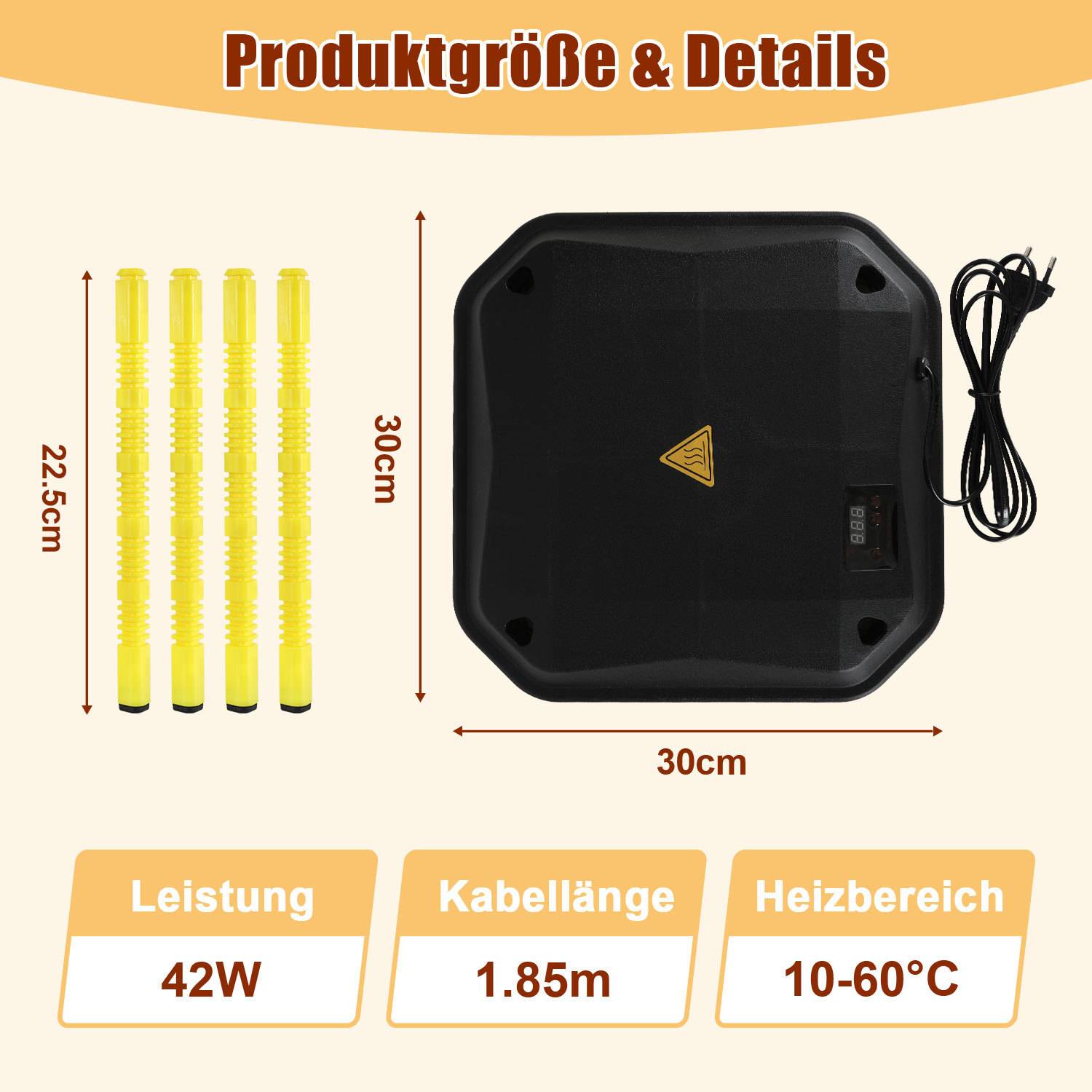 Küken-Wärmeplatte 40x40cm 42W mit Temperaturregler - Schwarz/Gelb für Hühner & Geflügel