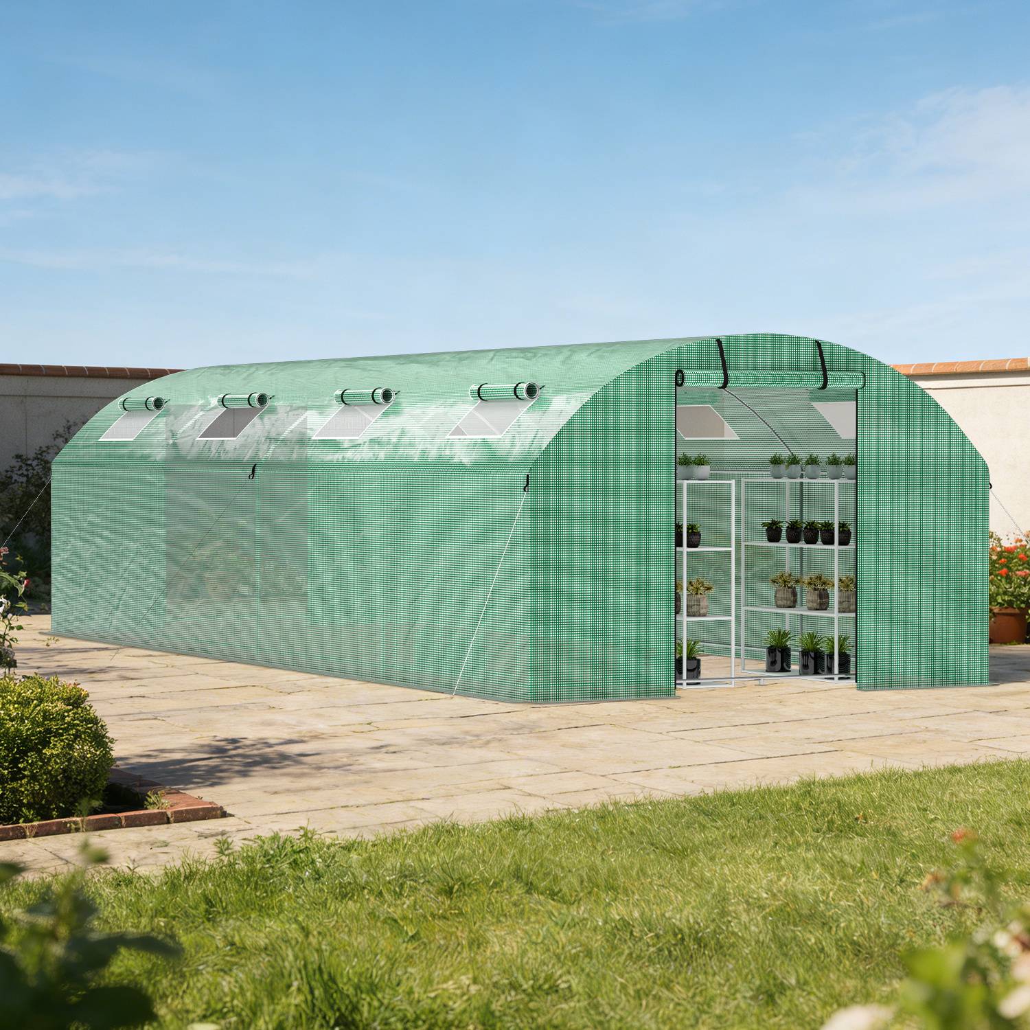 Foliengewächshaus Gewächshaus 3x8m stabil & langlebig mit Fenster - reißfeste PE Plane 140g/m² grün