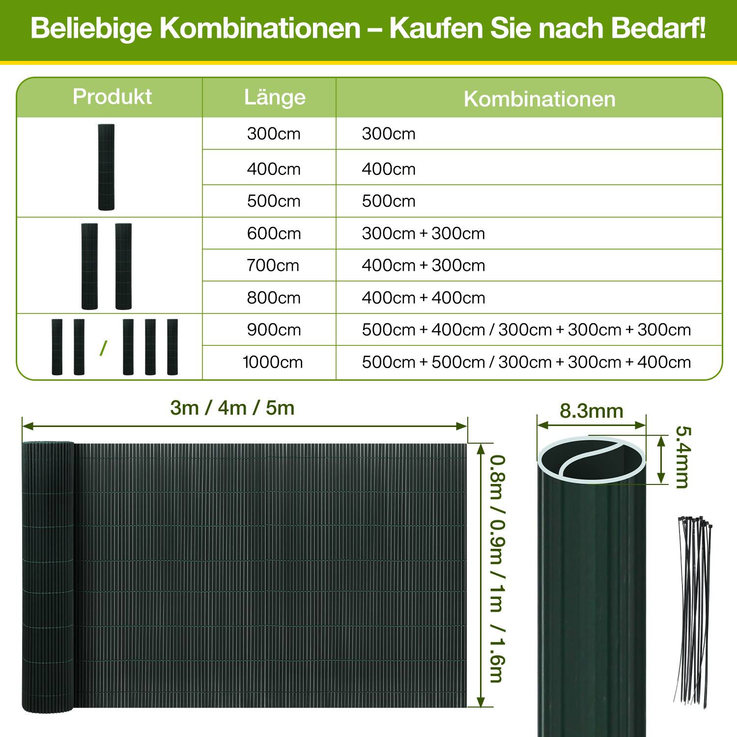 90x300cm PVC Sichtschutzmatte Bambus Sichtschutz Garten Sichtschutzzaun Balkon Zaun Windschutz Balkonverkleidung Grün
