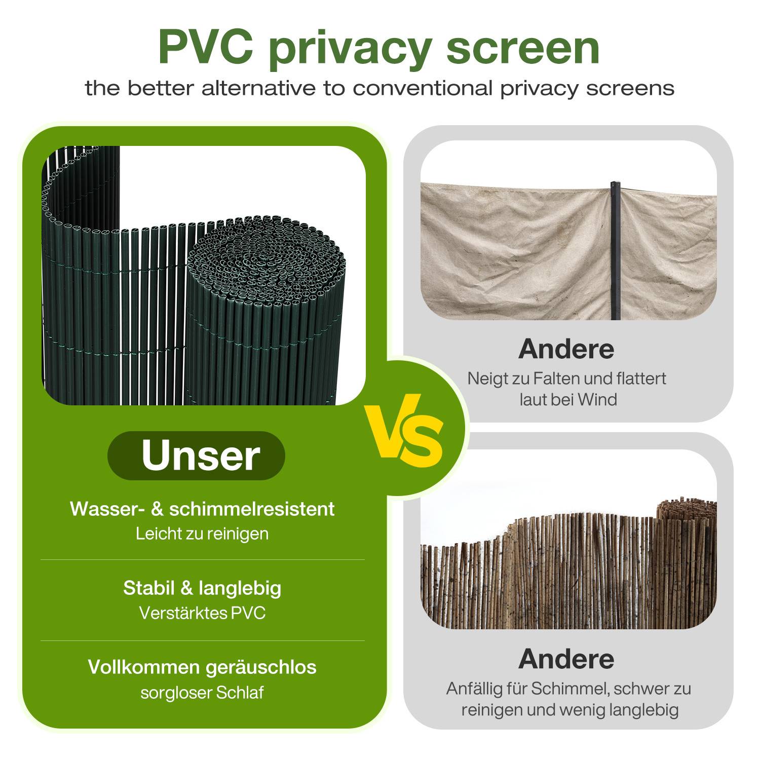 80x900cm PVC Sichtschutzmatte Bambus Sichtschutz Garten Sichtschutzzaun Balkon Zaun Windschutz Balkonverkleidung Grün