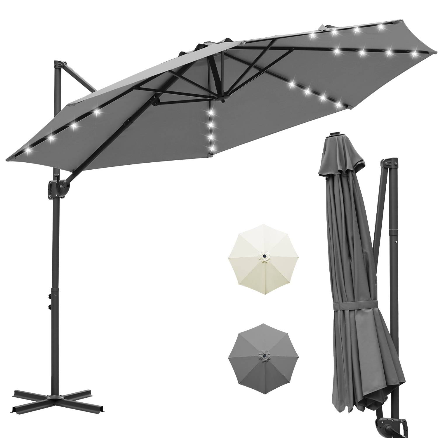 Gartenschirm 3m Grau, Ampelschirm mit 28 LED, Kurbelschirm wasserabweisend, 360° drehbar & 0–60° neigbar, UV50+ wasserabweisend