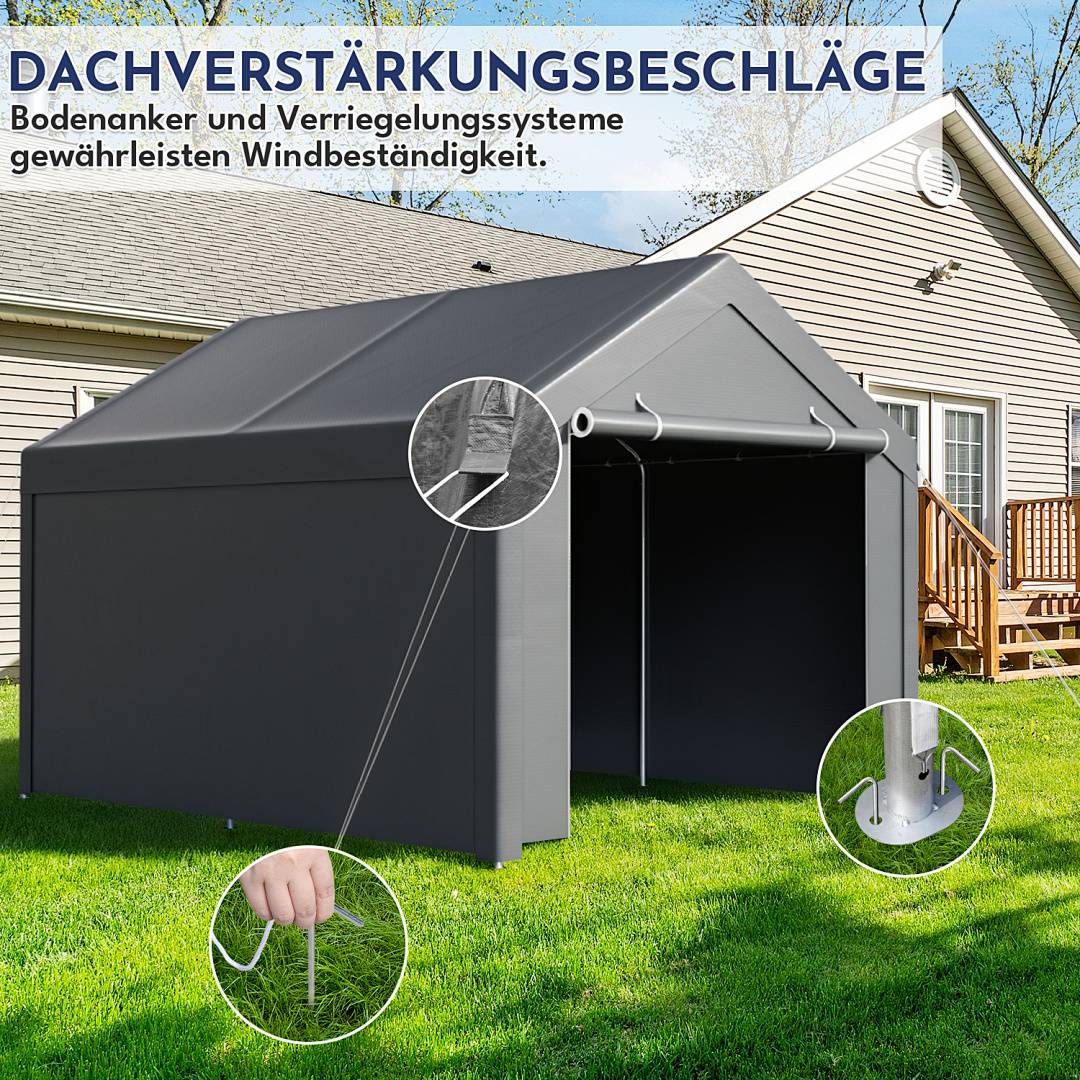 Garagenzelt 3x4 m, Carport mit Seitenwaenden, PE Garagezelt mit verzinktem Stahlgestell, wetterfester Unterstand fuer Auto, Motorrad und