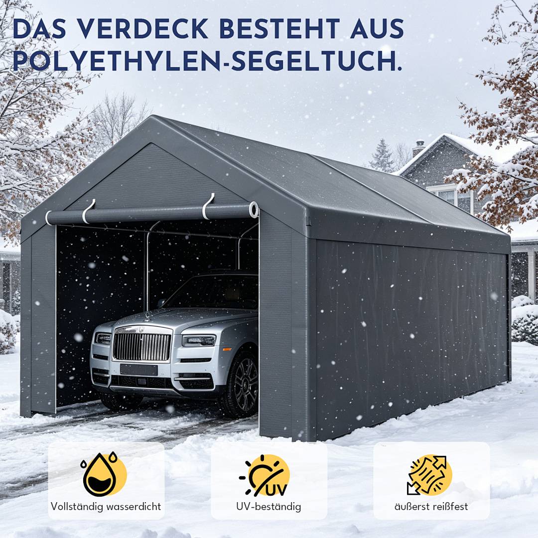 Garagenzelt 3x6 m, Carport mit Seitenwaenden, PE Lagerzelt mit verzinktem Stahlgestell, wetterfester Unterstand fuer Pkw, Maschinen und