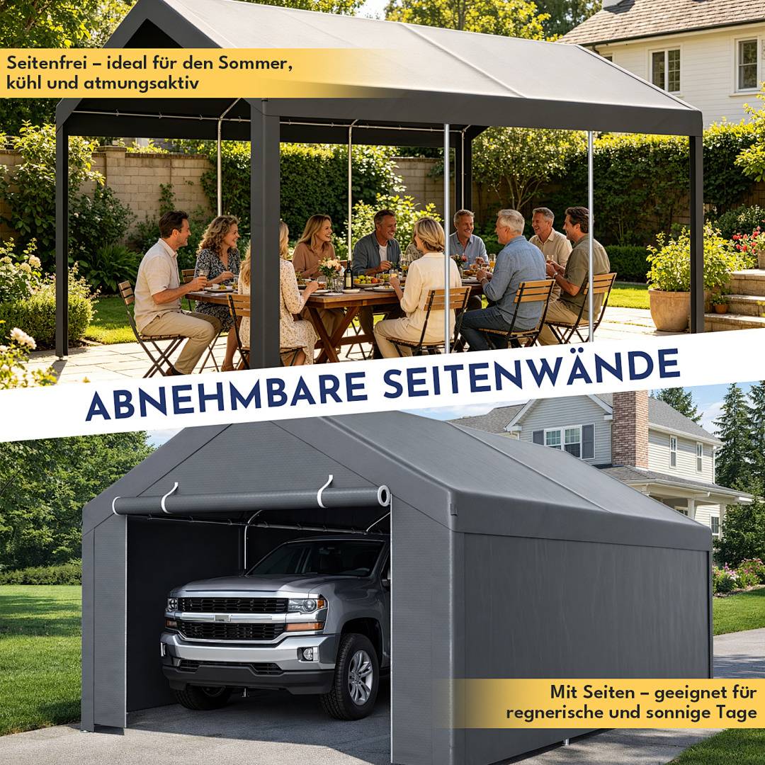 Garagenzelt 3x6 m, Carport mit Seitenwaenden, PE Lagerzelt mit verzinktem Stahlgestell, wetterfester Unterstand fuer Pkw, Maschinen und