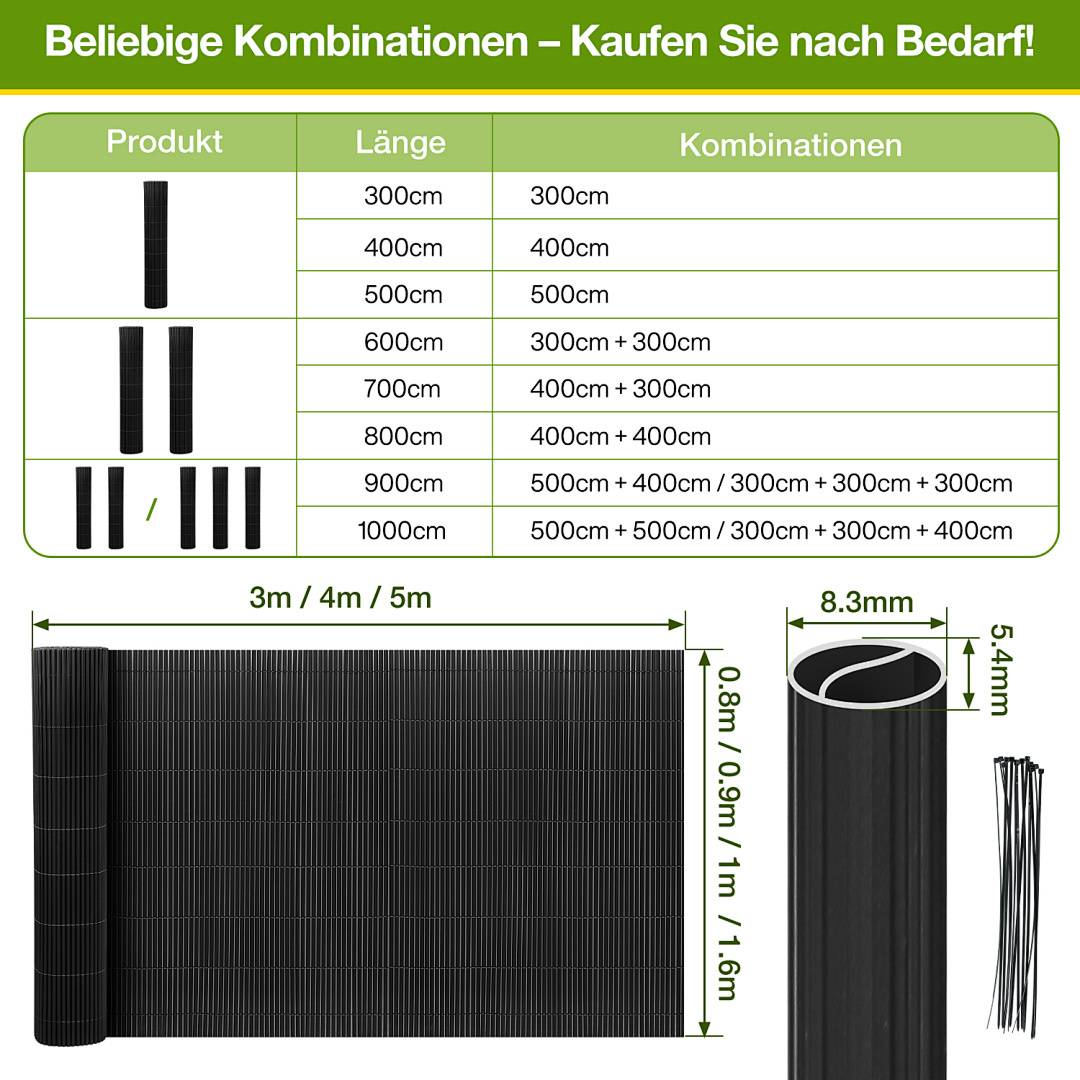 PVC Sichtschutzmatte 80x600 cm, Anthrazit, UV-beständig, Wasserdicht