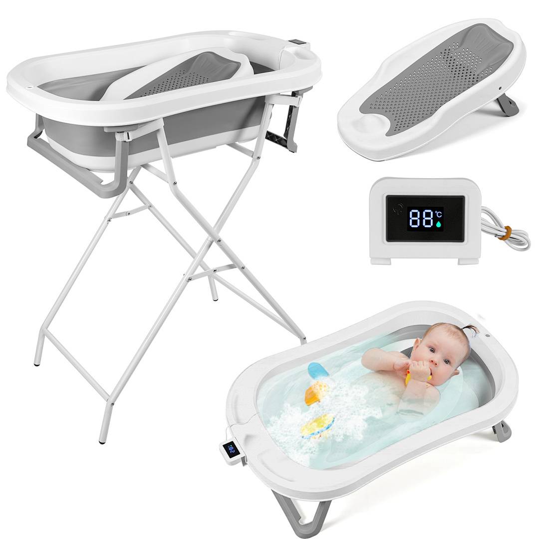 Platzsparende faltbare Babybadewanne mit Gestell und Thermometer, ergonomische Babywanne für 0–3 Jahre