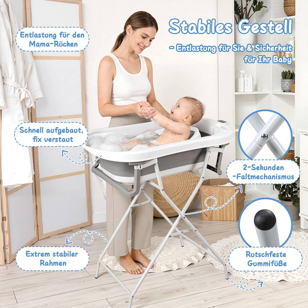 Platzsparende faltbare Babybadewanne mit Gestell und Thermometer, ergonomische Babywanne für 0–3 Jahre