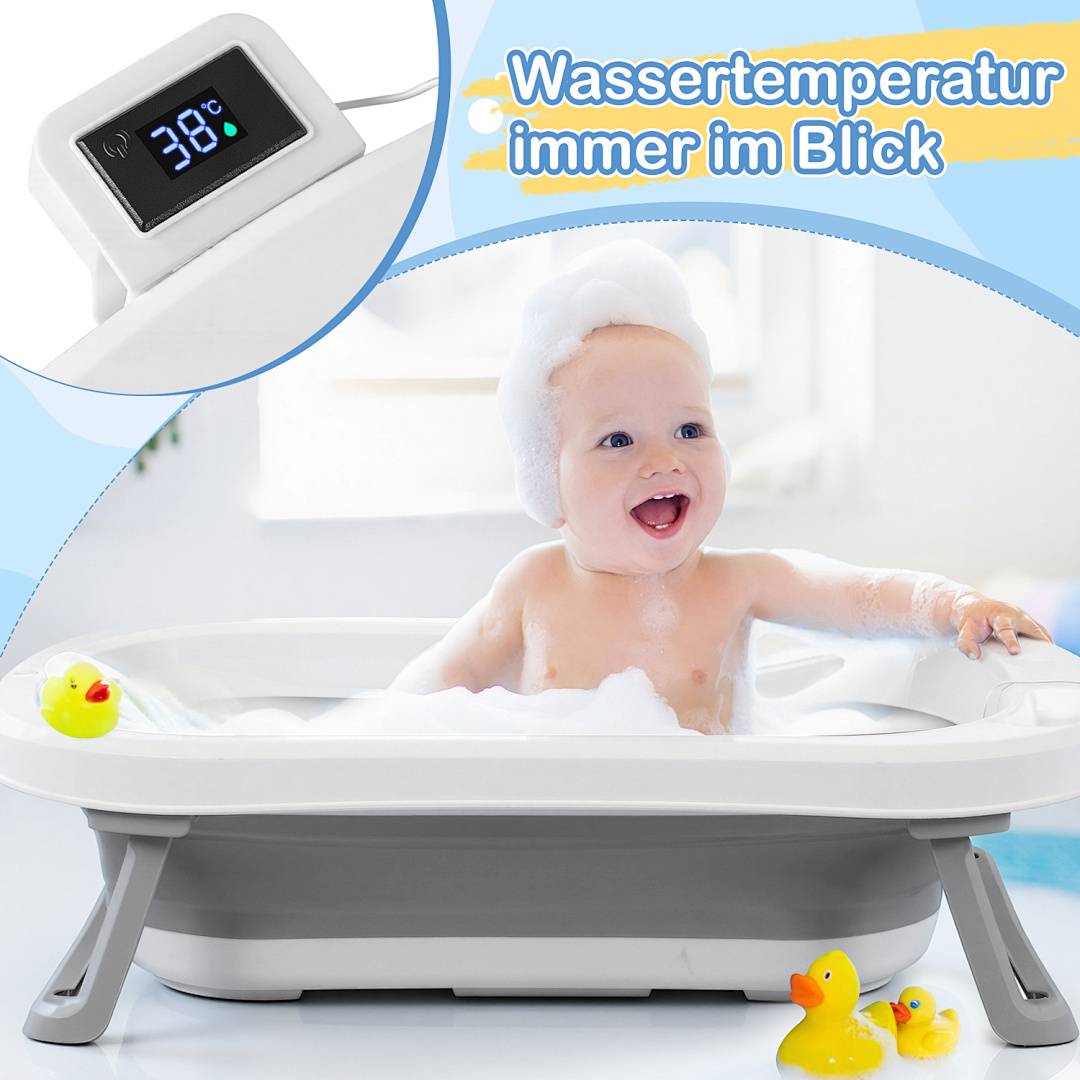 Platzsparende faltbare Babybadewanne mit Gestell und Thermometer, ergonomische Babywanne für 0–3 Jahre