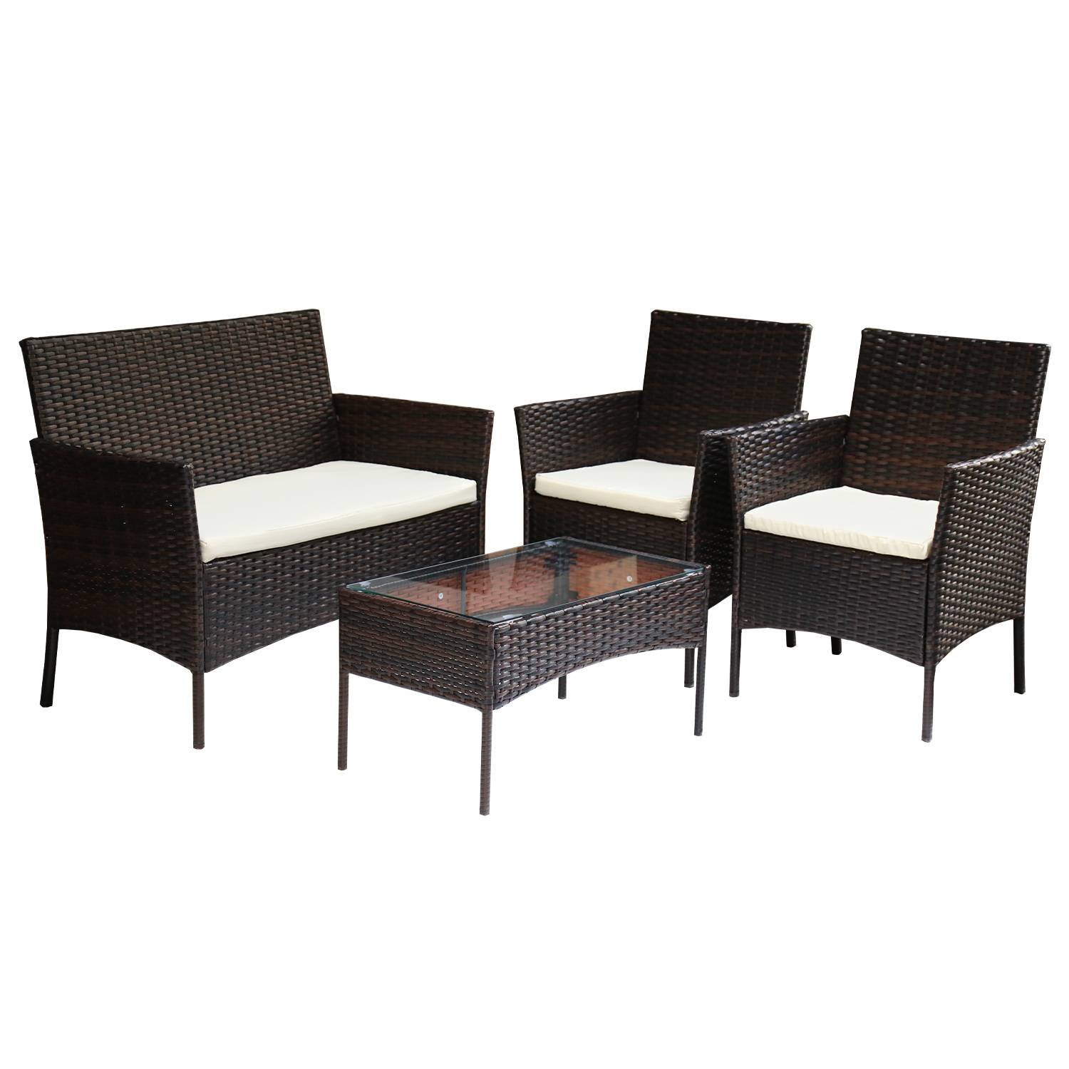 Polyrattan Lounge Set 4-teilig Schwarz mit 2 Sesseln, 2-Sitzer Sofa, Glastisch und dicken Kissen