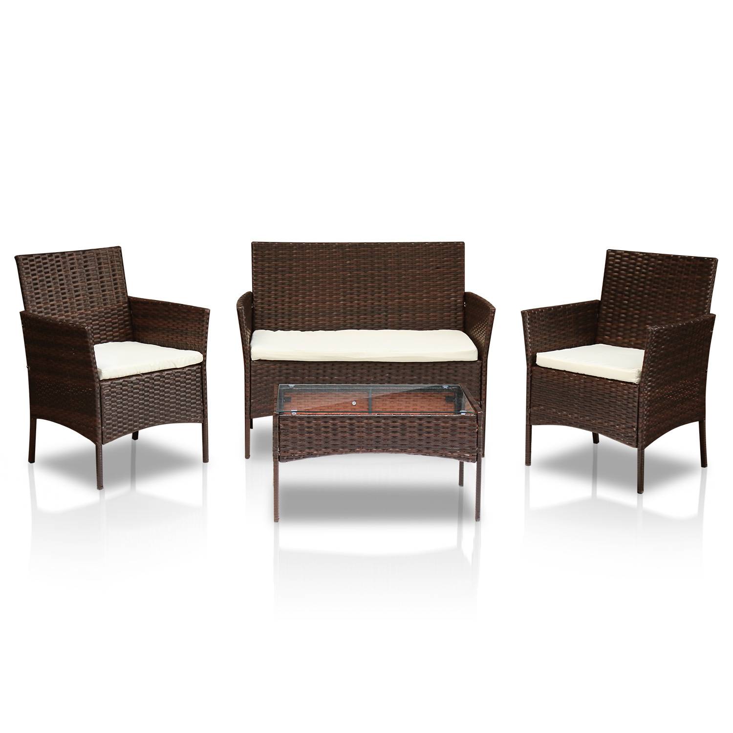 Polyrattan Gartenmöbel Set 4-teilig Braun mit Sofa, 2 Sesseln, Glastisch und waschbaren Kissenbezügen