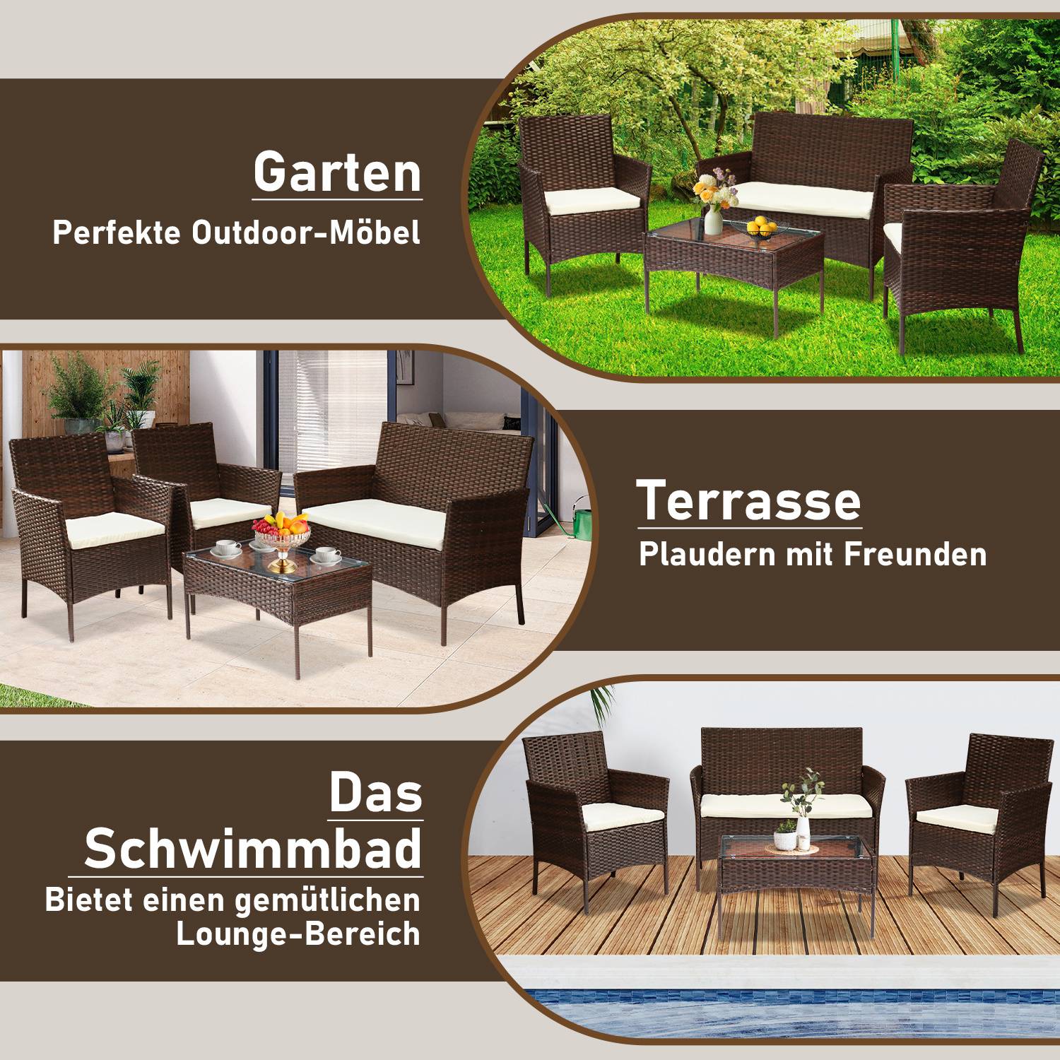 Polyrattan Gartenmöbel Set 4-teilig Braun mit Sofa, 2 Sesseln, Glastisch und waschbaren Kissenbezügen
