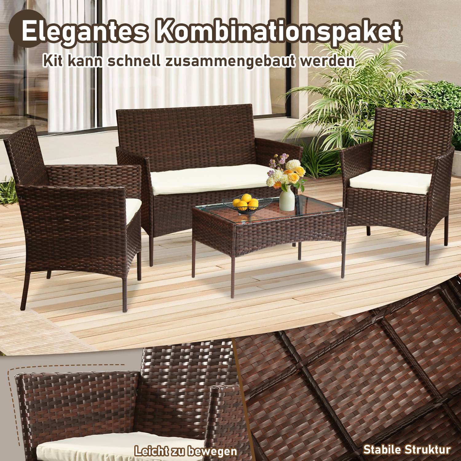 Polyrattan Gartenmöbel Set 4-teilig Braun mit Sofa, 2 Sesseln, Glastisch und waschbaren Kissenbezügen