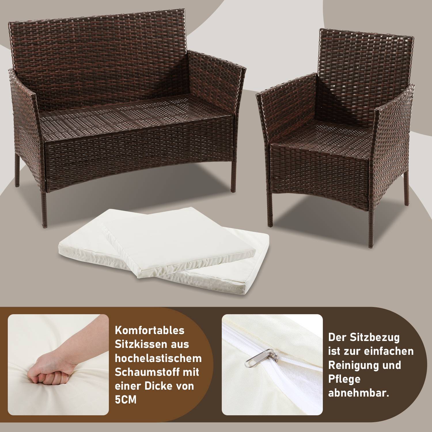 Polyrattan Gartenmöbel Set 4-teilig Braun mit Sofa, 2 Sesseln, Glastisch und waschbaren Kissenbezügen