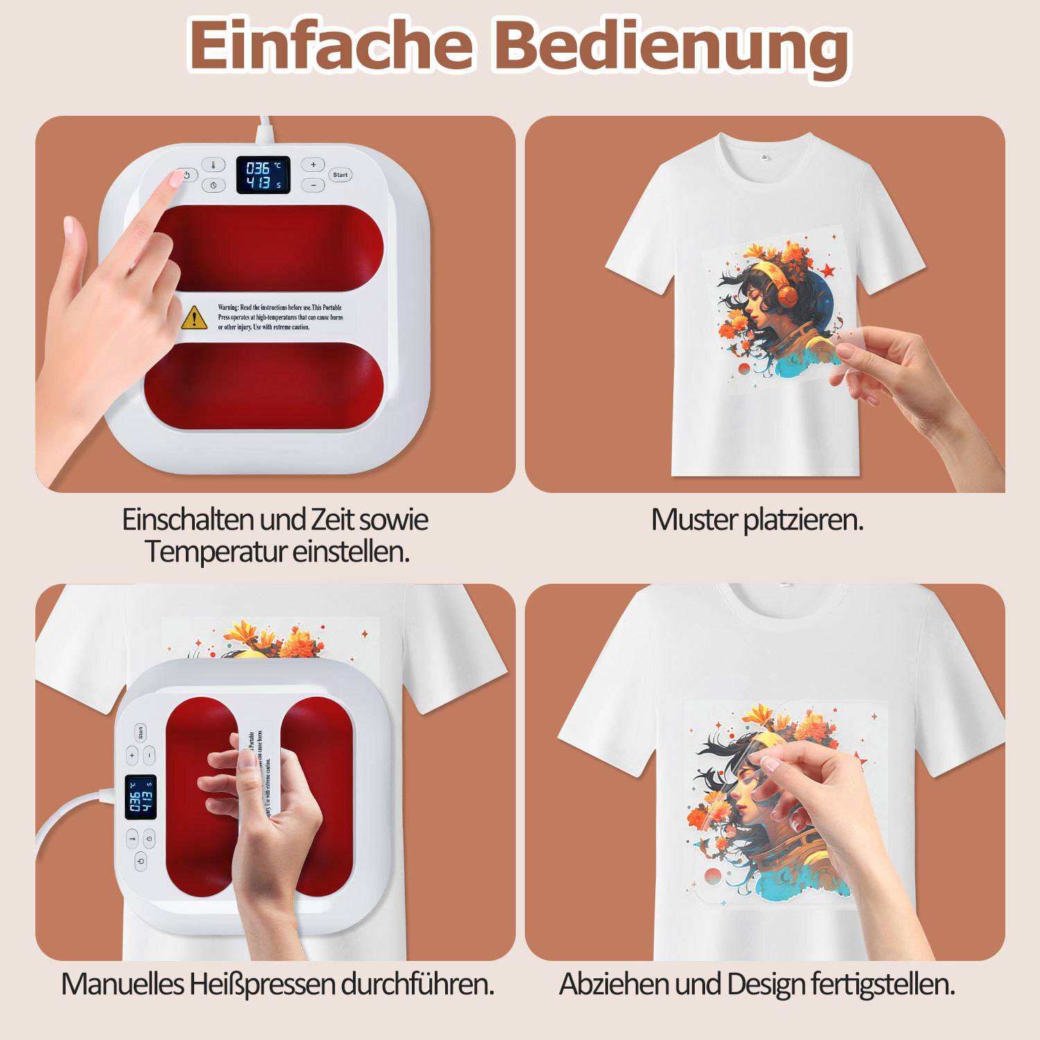 Tragbare Heizpresse Transferpresse 1000W, 22,5 x 22,5 cm, Mini T-Shirt Presse für T-Shirts, Stoff, Taschen und DIY - Rot-Weiß