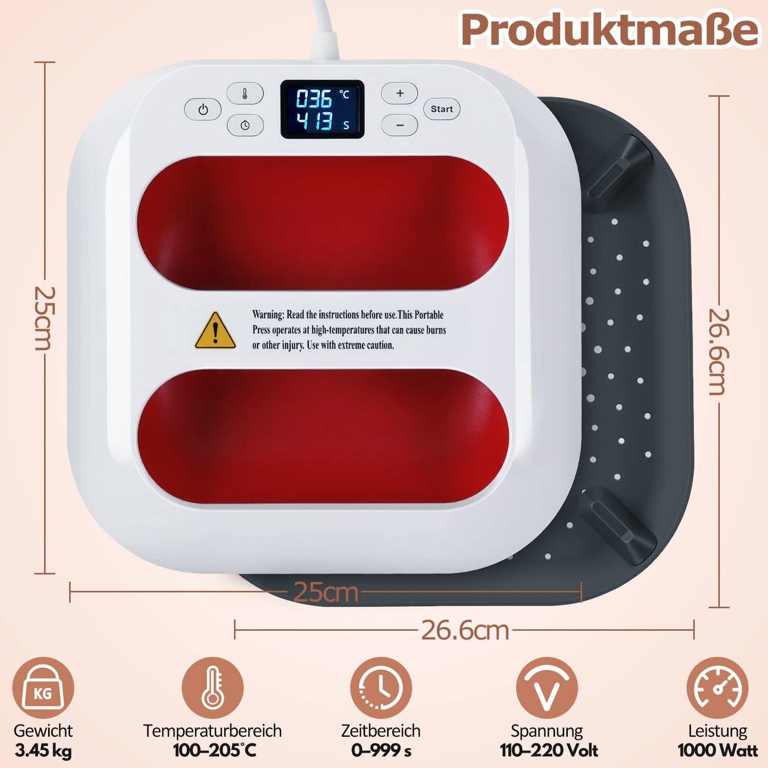 Tragbare Heizpresse Transferpresse 1000W, 22,5 x 22,5 cm, Mini T-Shirt Presse für T-Shirts, Stoff, Taschen und DIY - Rot-Weiß