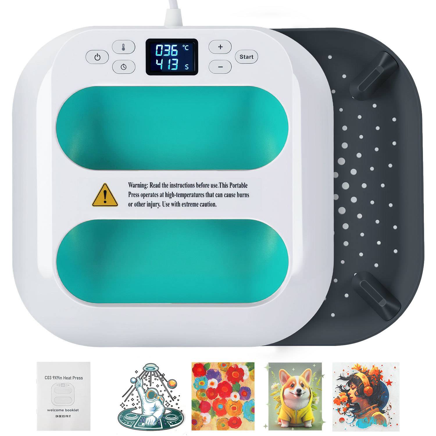Tragbare Heizpresse Transferpresse 1000W, 22,5 x 22,5 cm, Mini T-Shirt Presse für T-Shirts, Stoff, Taschen und DIY - Grün