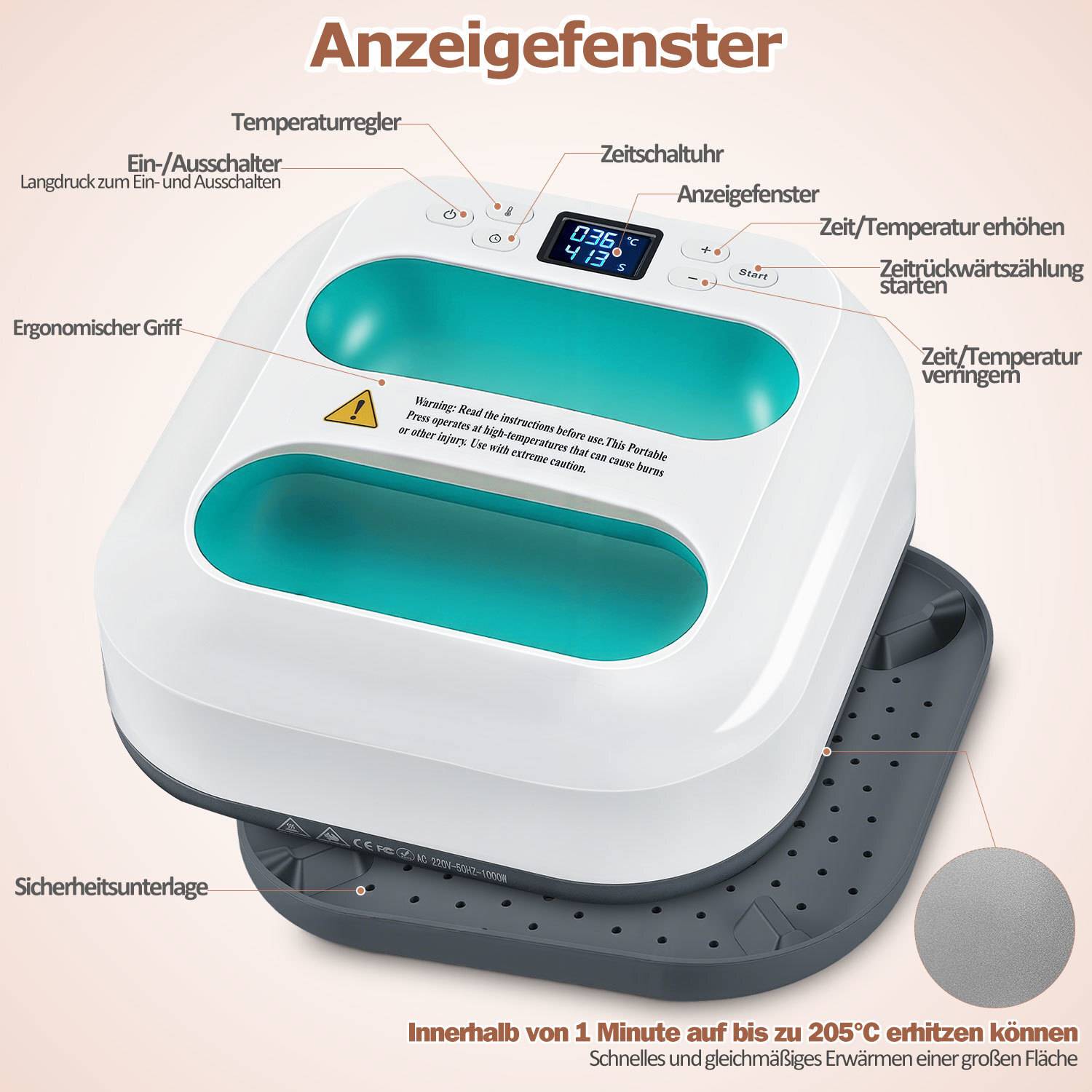 Tragbare Heizpresse Transferpresse 1000W, 22,5 x 22,5 cm, Mini T-Shirt Presse für T-Shirts, Stoff, Taschen und DIY - Grün