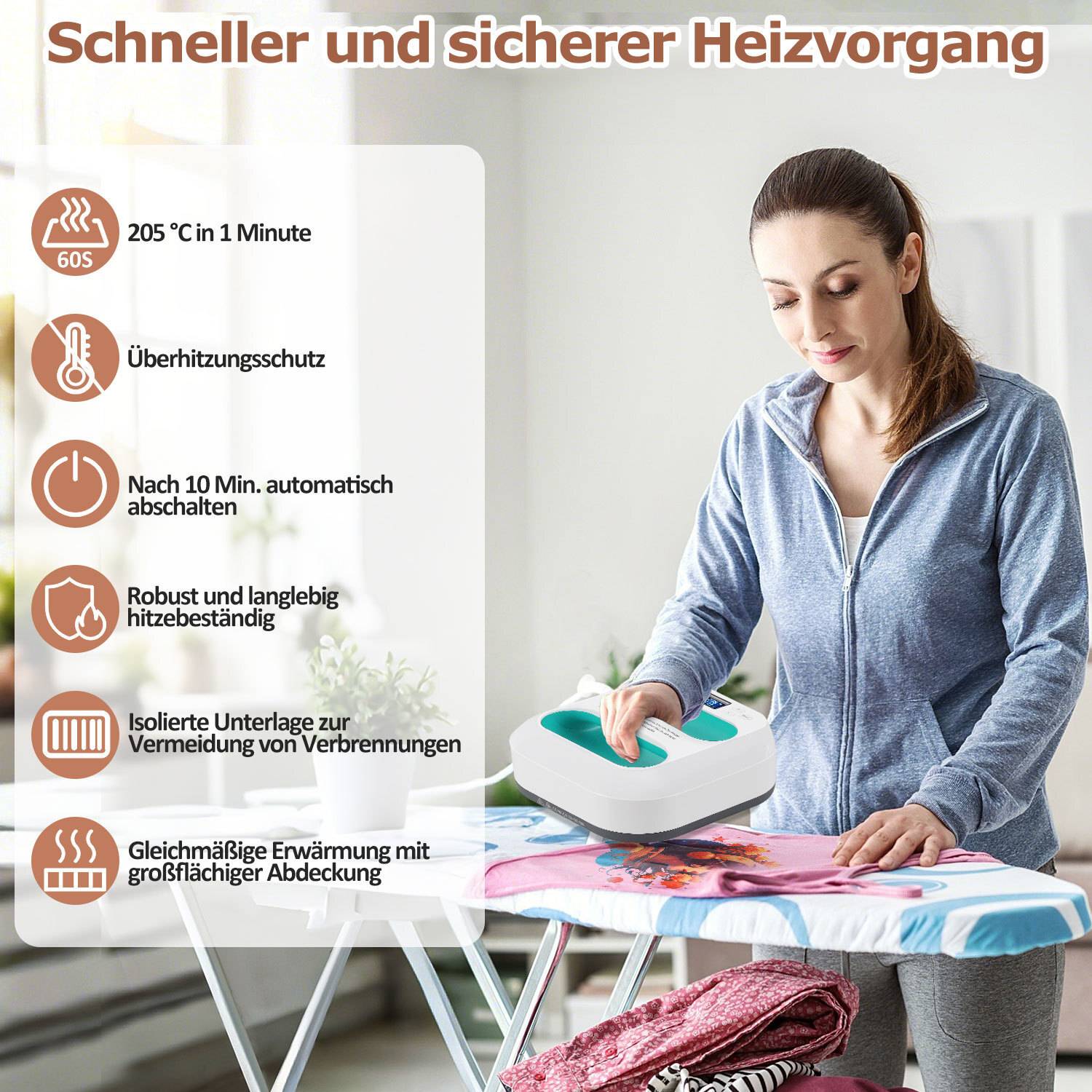 Tragbare Heizpresse Transferpresse 1000W, 22,5 x 22,5 cm, Mini T-Shirt Presse für T-Shirts, Stoff, Taschen und DIY - Grün