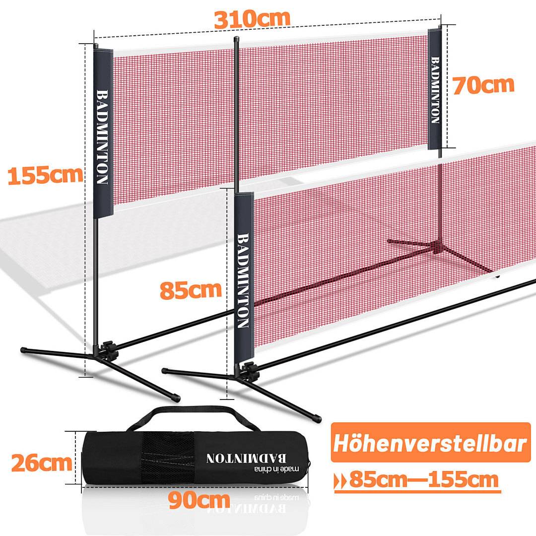 3,1m Tragbares Badmintonnetz, höhenverstellbar 85-155cm, Polypropylen Netz & Verzinktes Gestell, mit Transporttasche für Indoor & Outdoor