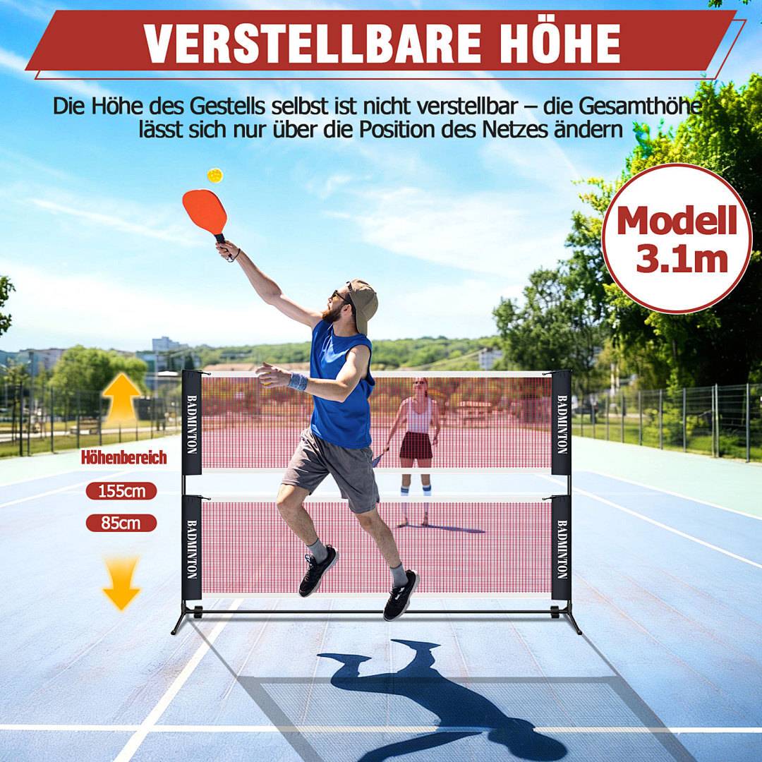3,1m Tragbares Badmintonnetz, höhenverstellbar 85-155cm, Polypropylen Netz & Verzinktes Gestell, mit Transporttasche für Indoor & Outdoor
