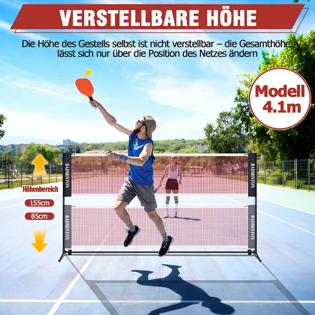 4,1m Tragbares Badmintonnetz, höhenverstellbar 85-155cm, Polypropylen Netz & Verzinktes Gestell, mit Tasche für Indoor & Outdoor