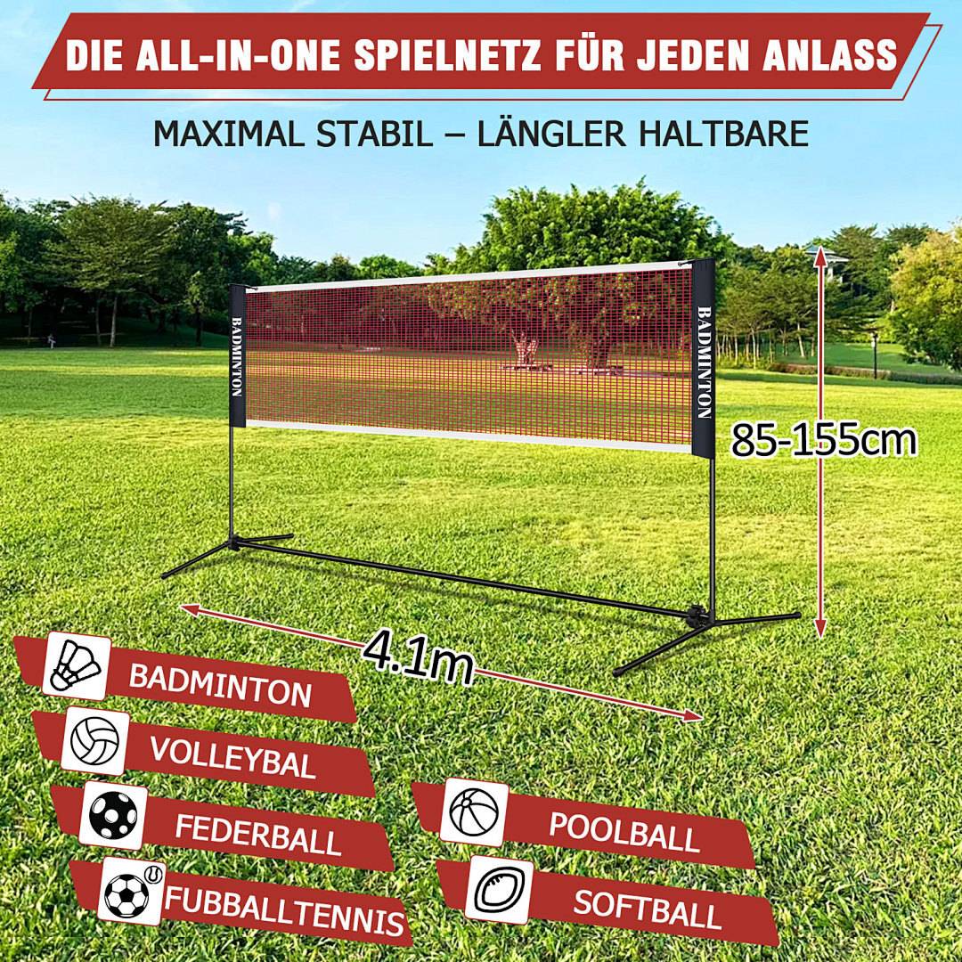 4,1m Tragbares Badmintonnetz, höhenverstellbar 85-155cm, Polypropylen Netz & Verzinktes Gestell, mit Tasche für Indoor & Outdoor