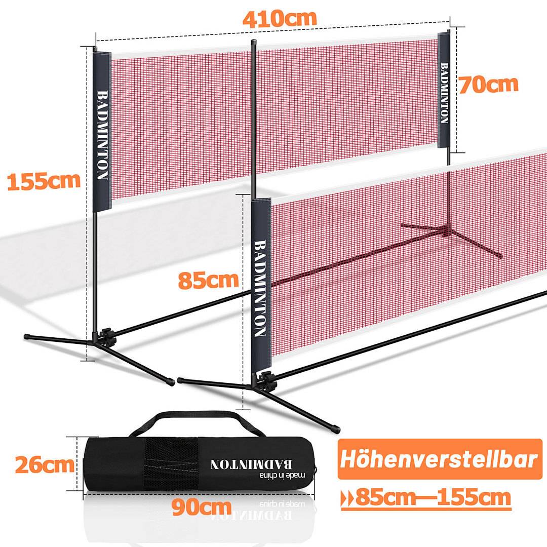 4,1m Tragbares Badmintonnetz, höhenverstellbar 85-155cm, Polypropylen Netz & Verzinktes Gestell, mit Tasche für Indoor & Outdoor