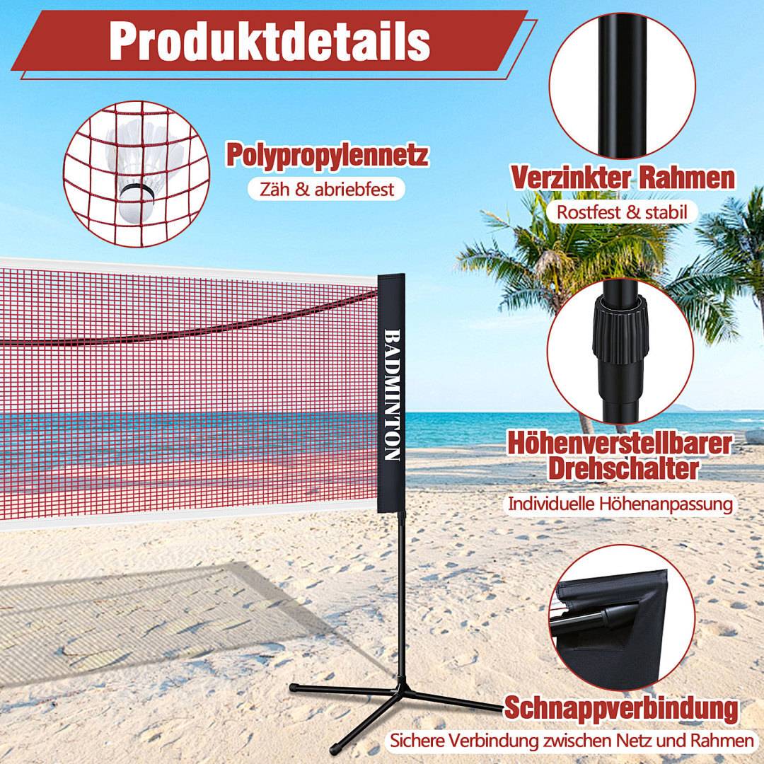 5,1m Badminton- & Tennisnetz, 3-fach höhenverstellbar 91-115-155cm mit Drehschalter, Polypropylen Netz & Verzinktes Gestell
