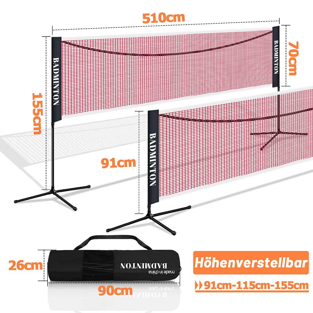 5,1m Badminton- & Tennisnetz, 3-fach höhenverstellbar 91-115-155cm mit Drehschalter, Polypropylen Netz & Verzinktes Gestell