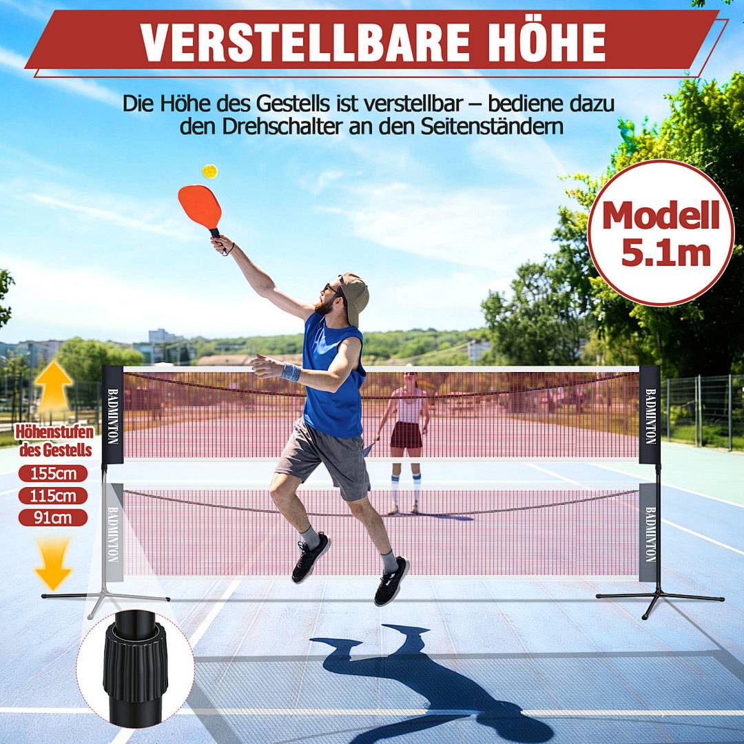 5,1m Badminton- & Tennisnetz, 3-fach höhenverstellbar 91-115-155cm mit Drehschalter, Polypropylen Netz & Verzinktes Gestell