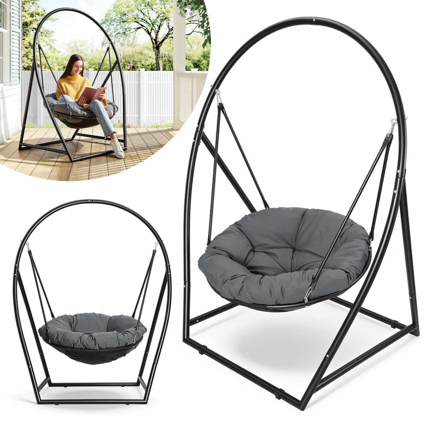 Hängesessel mit Gestell Hängeschaukel Hängestuhl bis 150kg für Indoor und Outdoor + Kissen Hängekorb Stahlgestell & Sitzpolster Schaukel Hängesi