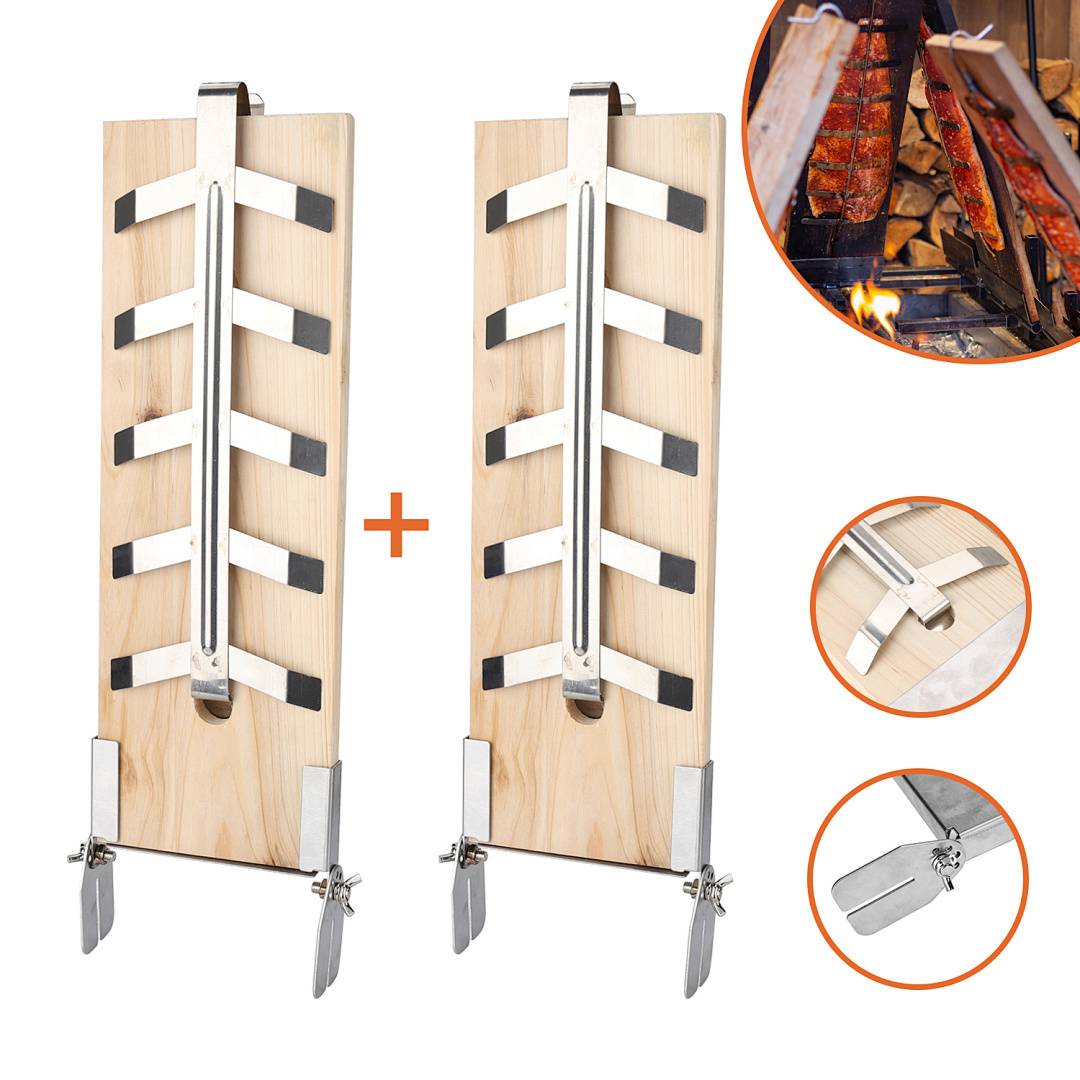 Flammlachsbrett Flammlachsbretter Räucherbrett 4er Set Flammlachs Halterung Zedernholz Edelstahl Holzplatten mit Halterung