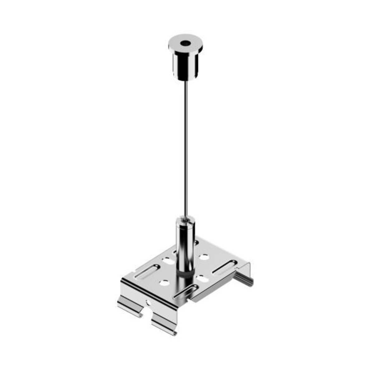 Metallische Deckensuspensionsmontage mit langem Kabel und zylindrischem Steckverbinder oben auf weißem Hintergrund.