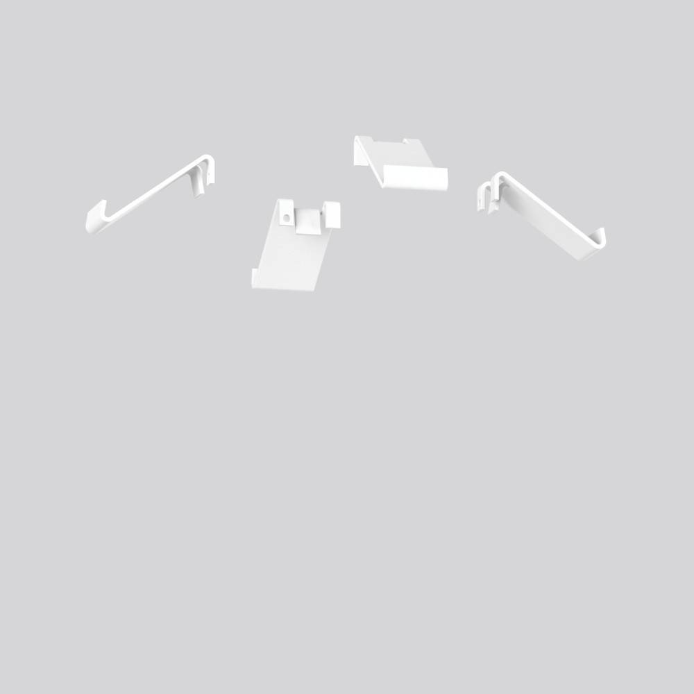 Minimalistische weiße 3D-Blöcke und gewinkelte schienähnliche Formen, die über einen hellgrauen Hintergrund verteilt sind.