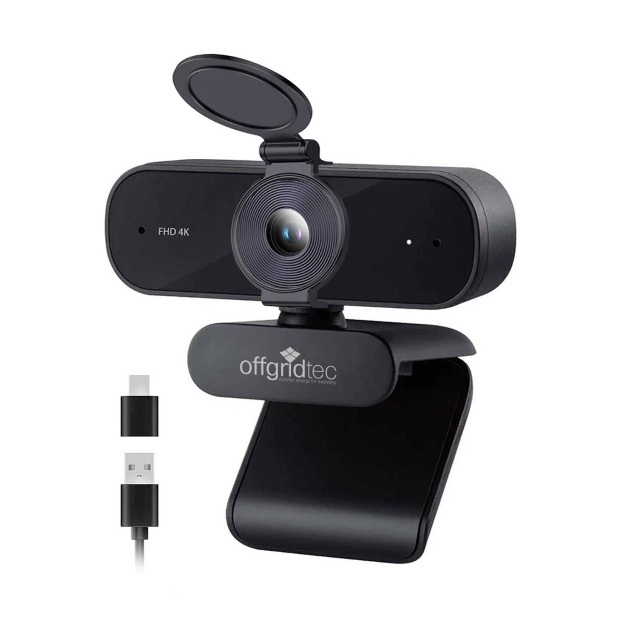 Schwarze offgridtec FHD 4K Webcam mit Datenschutzabdeckung, Cliphalterung und USB-C- und USB-A-Anschluss auf weißem Hintergrund gezeigt