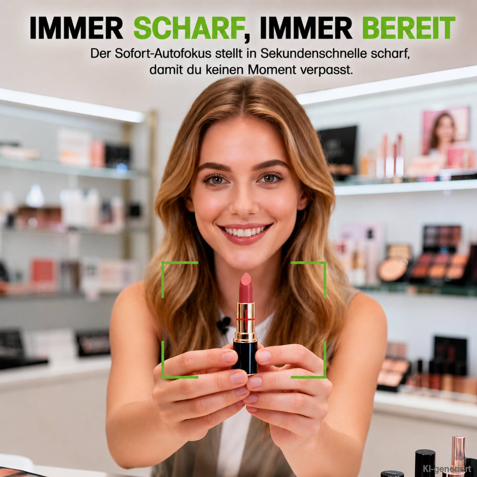 # Lächelnde Frau hält einen Lippenstift zur Kamera in einem Kosmetikgeschäft, inszeniert als scharfe Autofokus-Demo mit deutschem Text: 'IMMER SCHARF, IMMER BEREIT'.