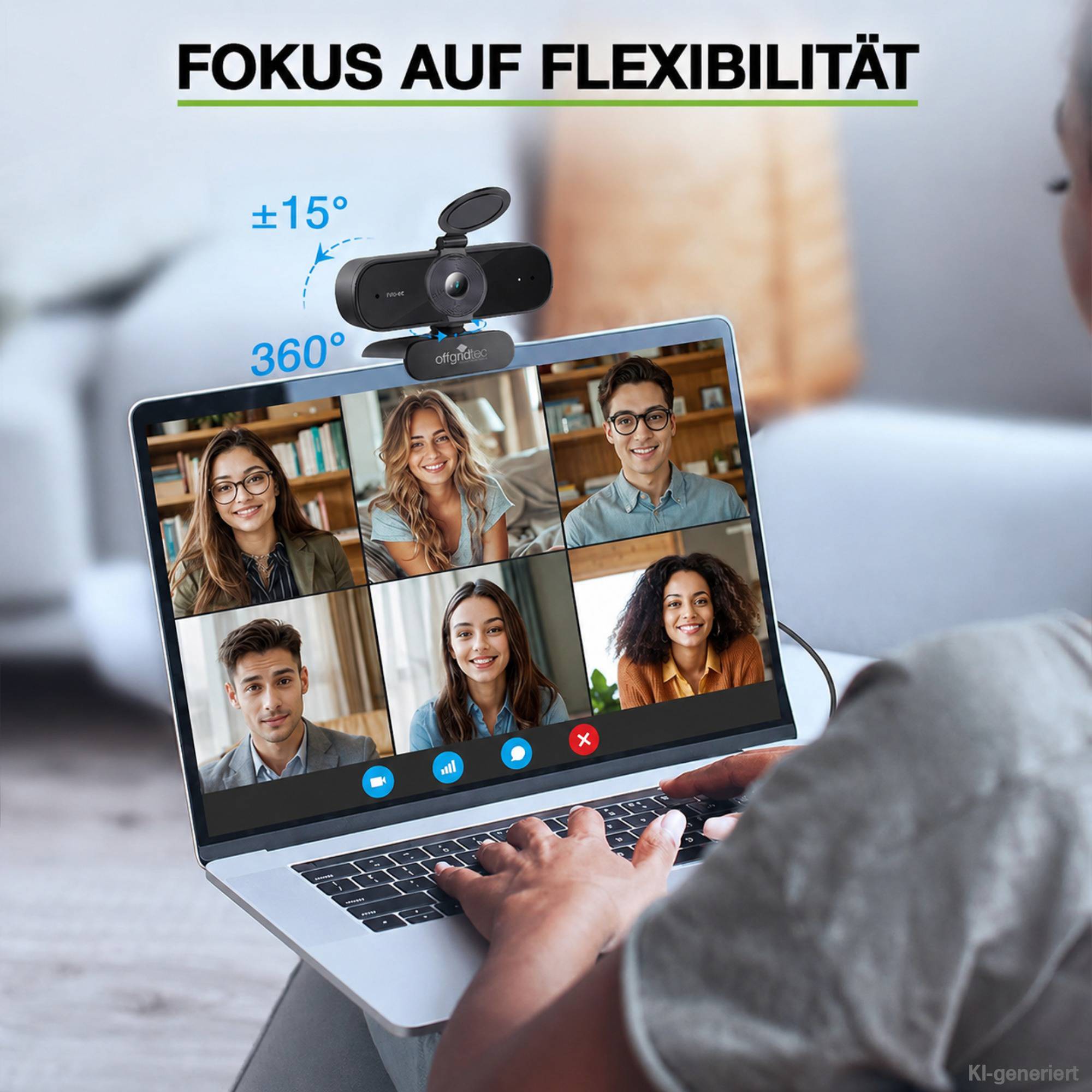 Ein Laptop zeigt einen 6-Personen-Videoanruf mit einer Webcam; deutscher Text sagt 