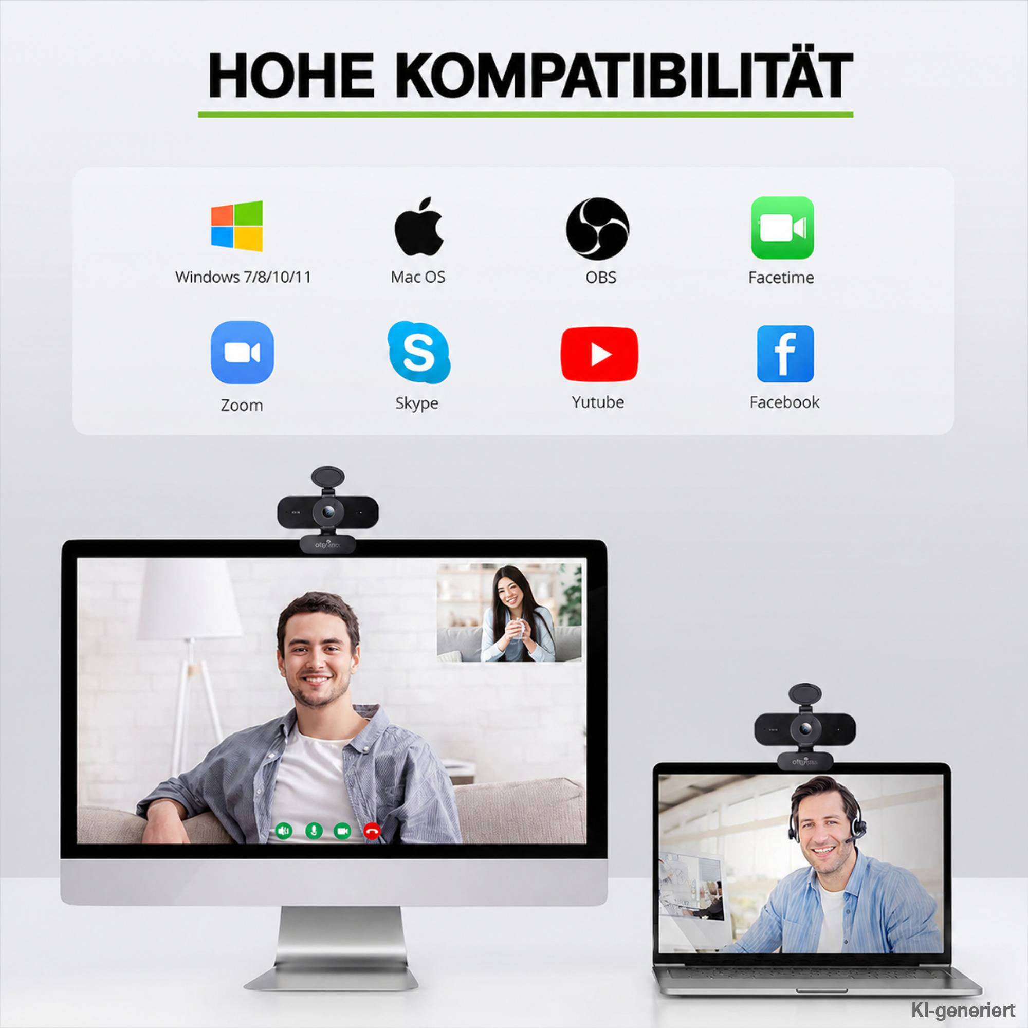 Werbegrafik zeigt Webcam-Kompatibilität mit Windows, Mac OS, OBS, FaceTime, Zoom, Skype, YouTube und Facebook; zwei Personen bei Videoanrufen auf einem Desktop- und Laptop-Computer.