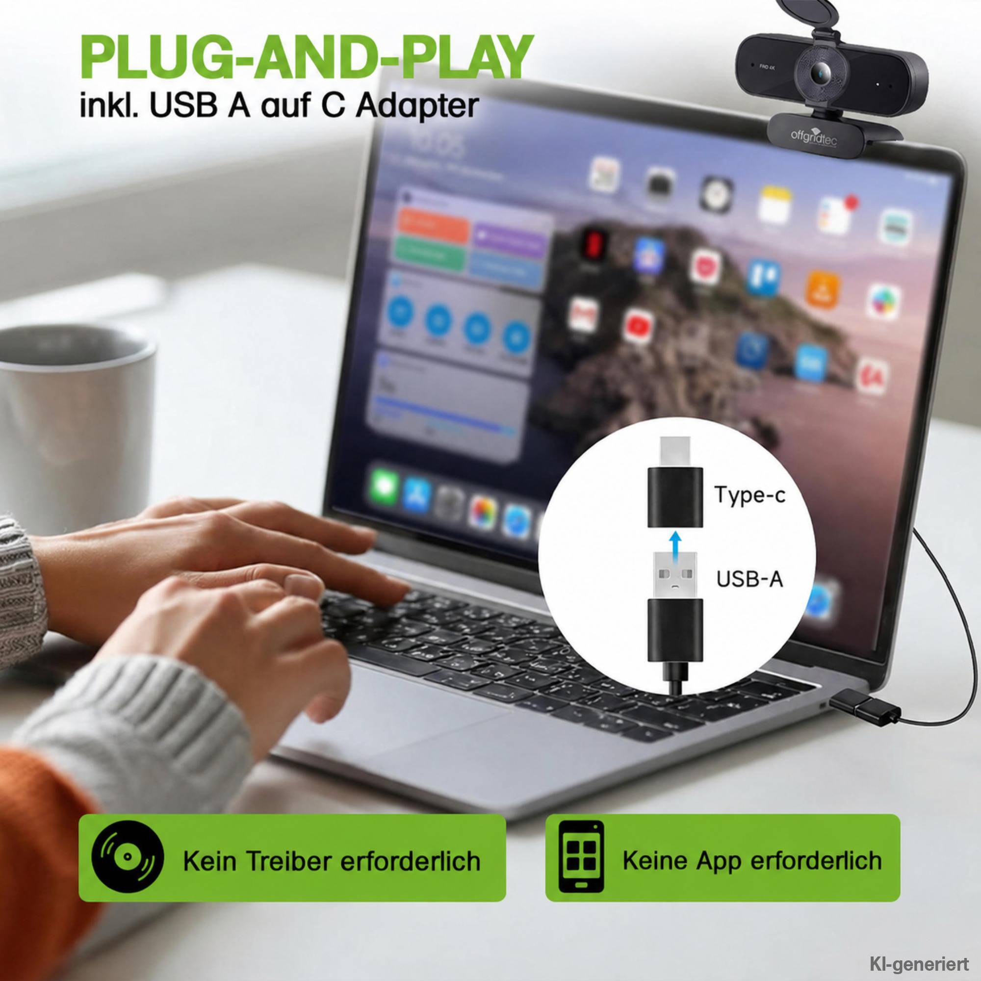 Hände, die einen Laptop mit einer Plug-and-Play-Webcam verwenden, die über einen USB-C-auf-USB-A-Adapter verbunden ist; Text sagt, dass kein Treiber oder App erforderlich ist.